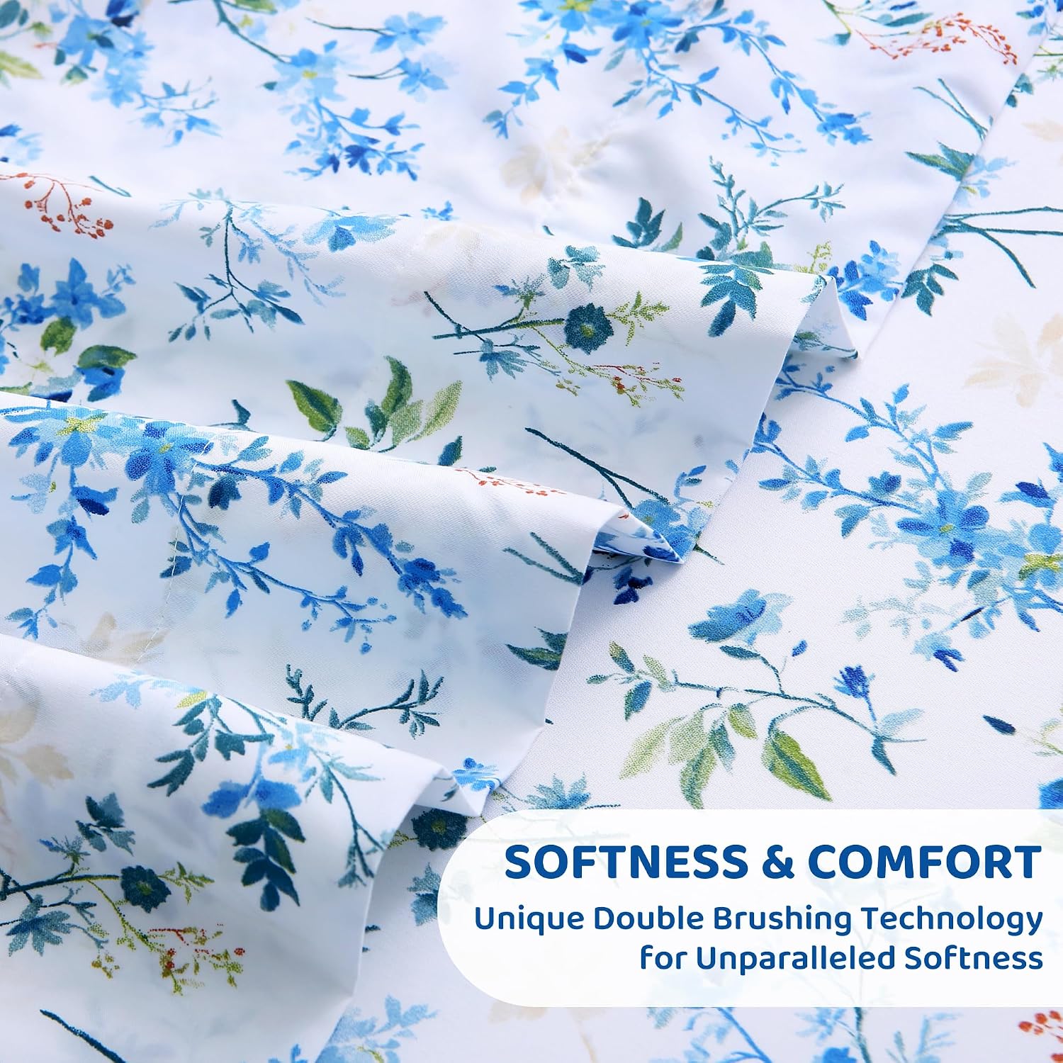 mooreeke Cozy Vintage Microfiber Printed Twin Sheet Set - Soft & Breathable Blue Green Floral Bed Sheets with Extra Deep Pocket - Non-Slip…