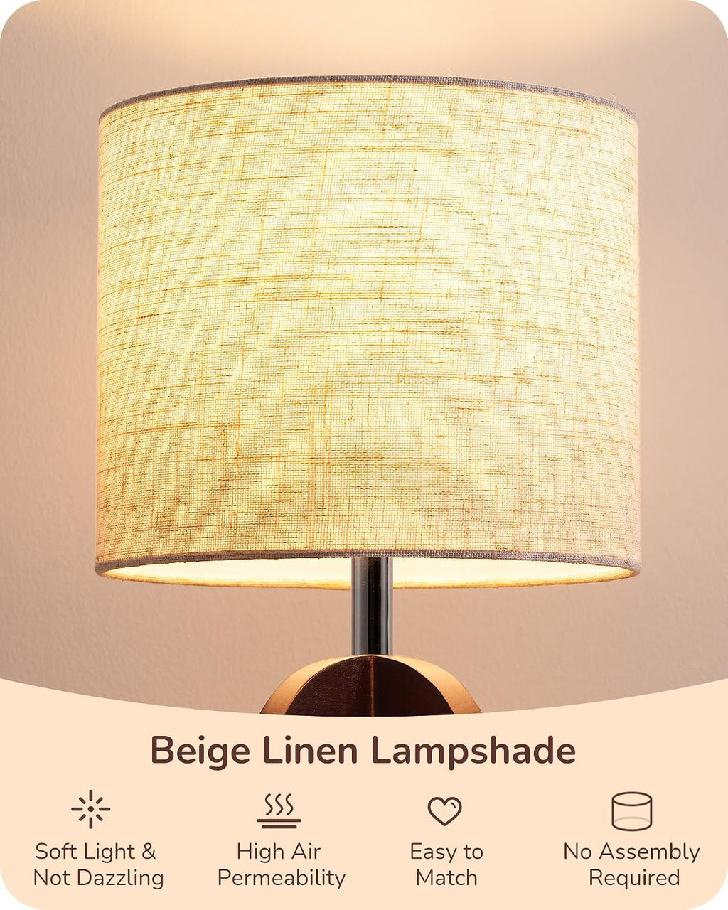 EDISHINE 14.17" Small Table Lamp, Integrated Four-Legged Wooden Bedside Lamp Base, Beige Linen Lampshade, E26, Modern Nightstand Lamp for…