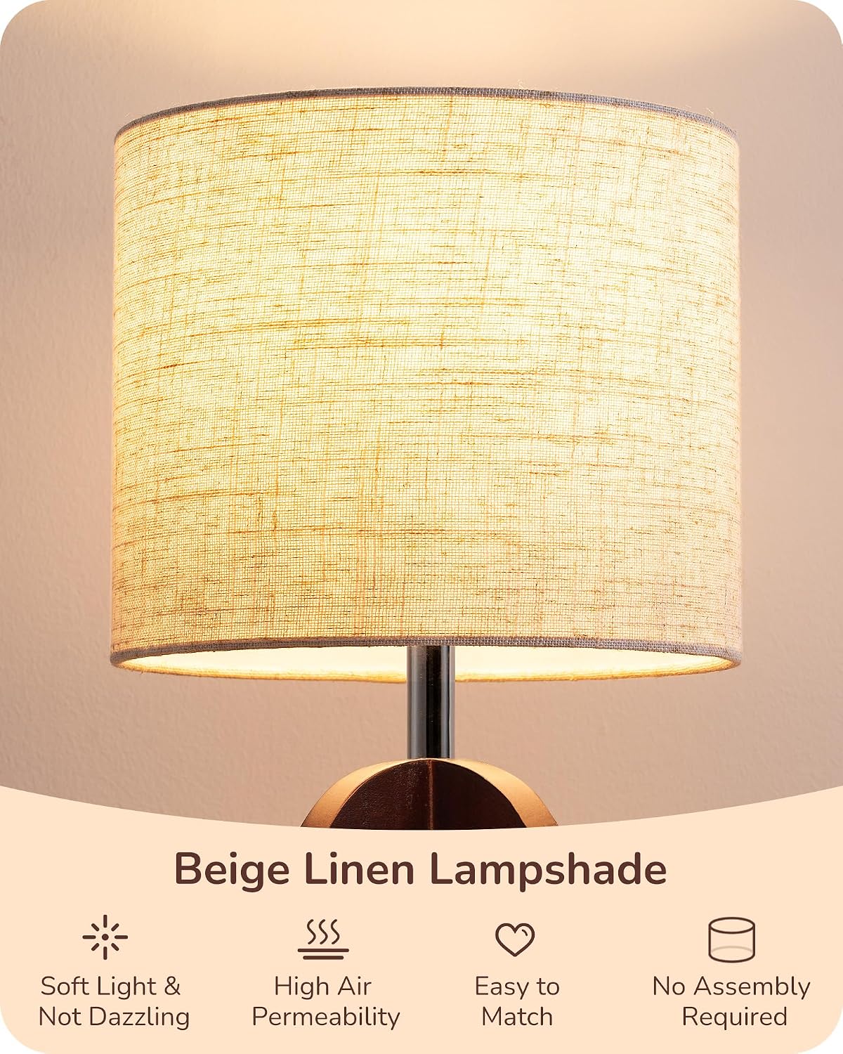 EDISHINE 14.17" Small Table Lamp, Integrated Four-Legged Wooden Bedside Lamp Base, Beige Linen Lampshade, E26, Modern Nightstand Lamp for…