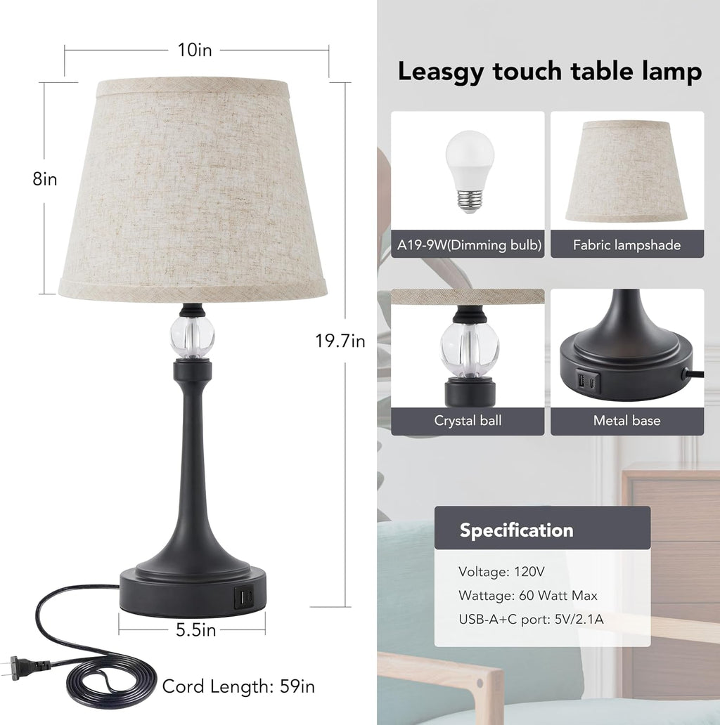 19.7'' Touch Table Lamps for Living Room, Small Lamp for Bedroom with USB C+A Ports, Dimmable Touch Lamps, Reading Desk Lamp for Office…