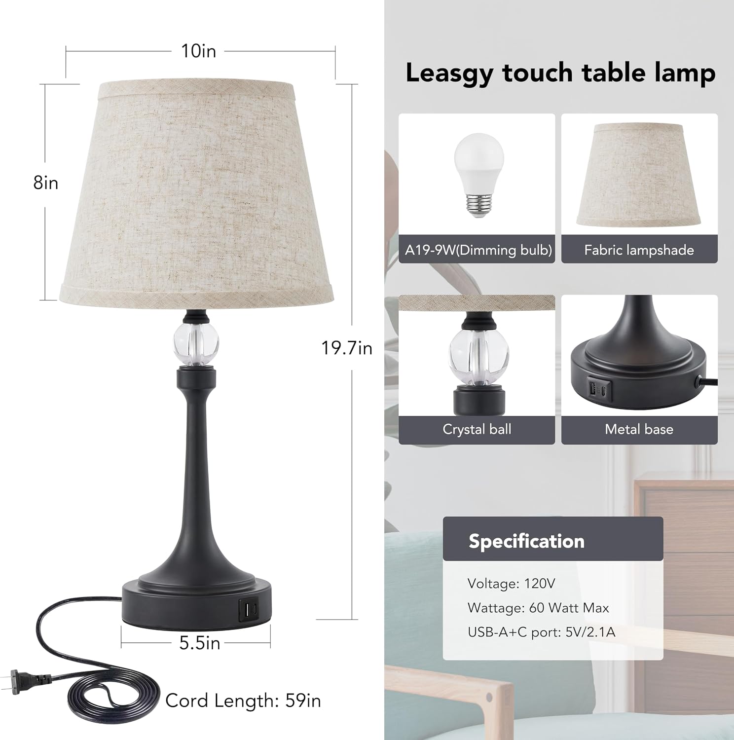 19.7'' Touch Table Lamps for Living Room, Small Lamp for Bedroom with USB C+A Ports, Dimmable Touch Lamps Set of 2, Reading Desk Lamp for…