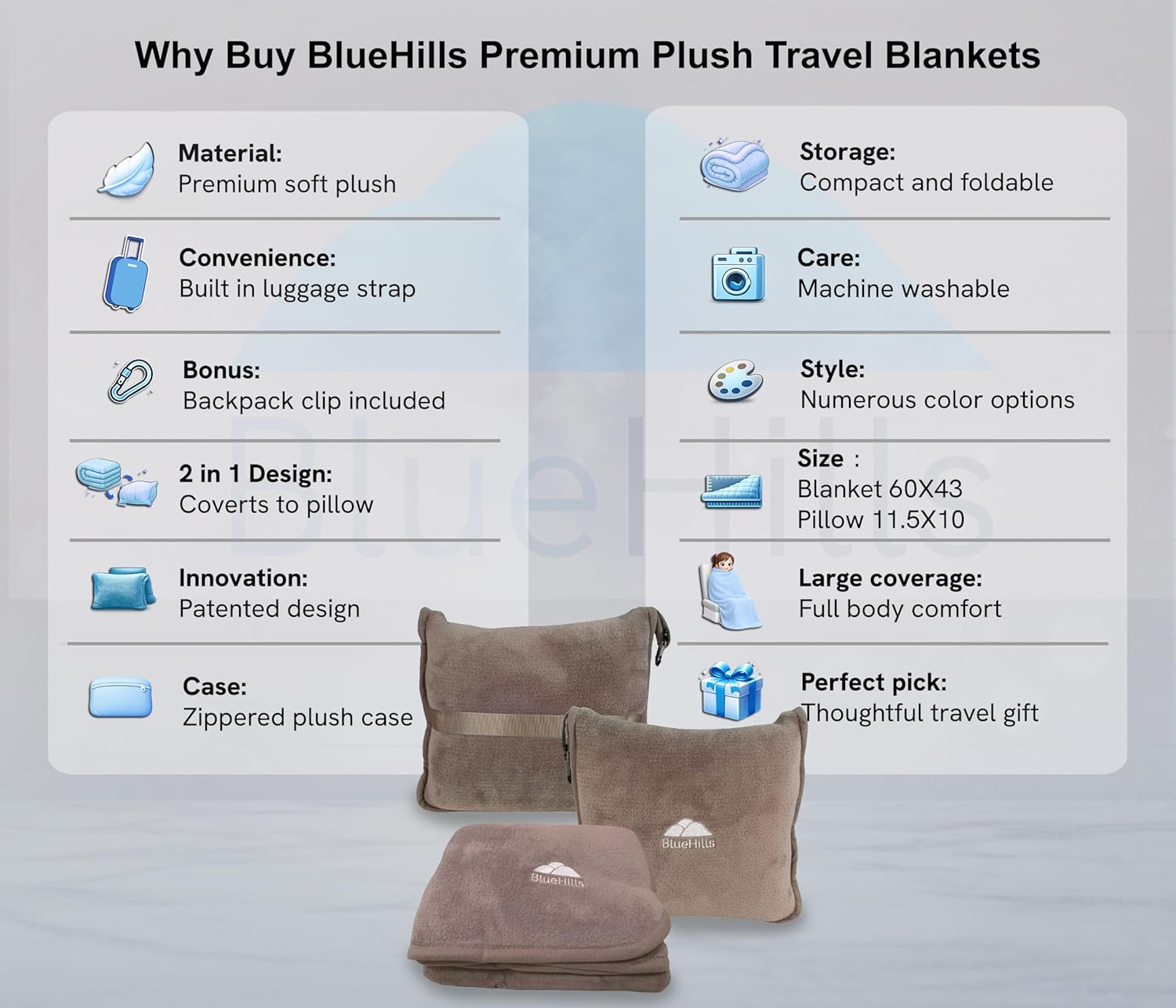 BlueHills Premium Soft Travel Blanket Pillow Airplane Flight Blanket Throw in Soft Bag Pillow case with Luggage Belt & Backpack Clip…