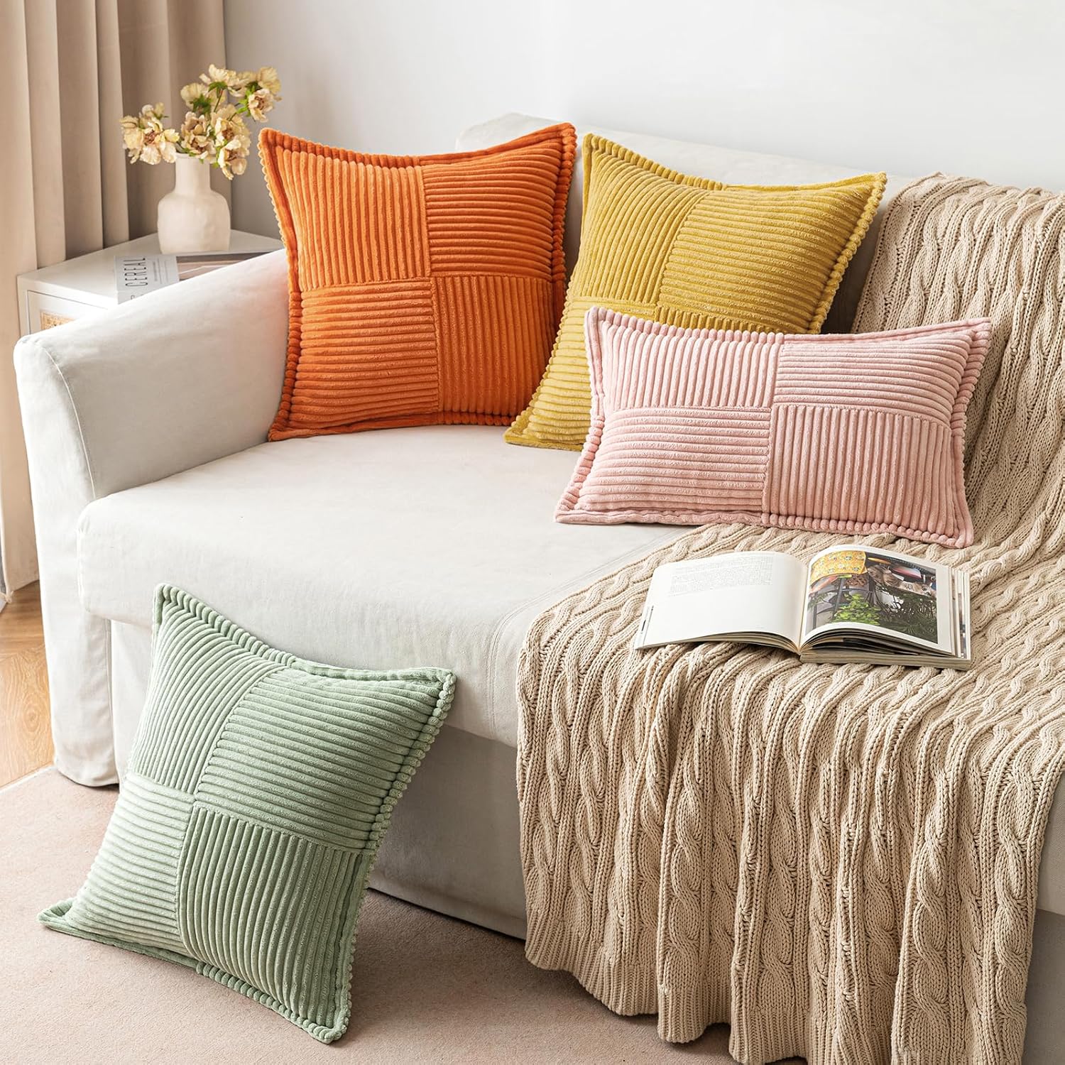 MIULEE Orange Decorative Throw Pillow Covers for Couch Bed Livingroom 20x20 Inch Set of 2 Boho Accent Throw Pllows Broadside Striped…