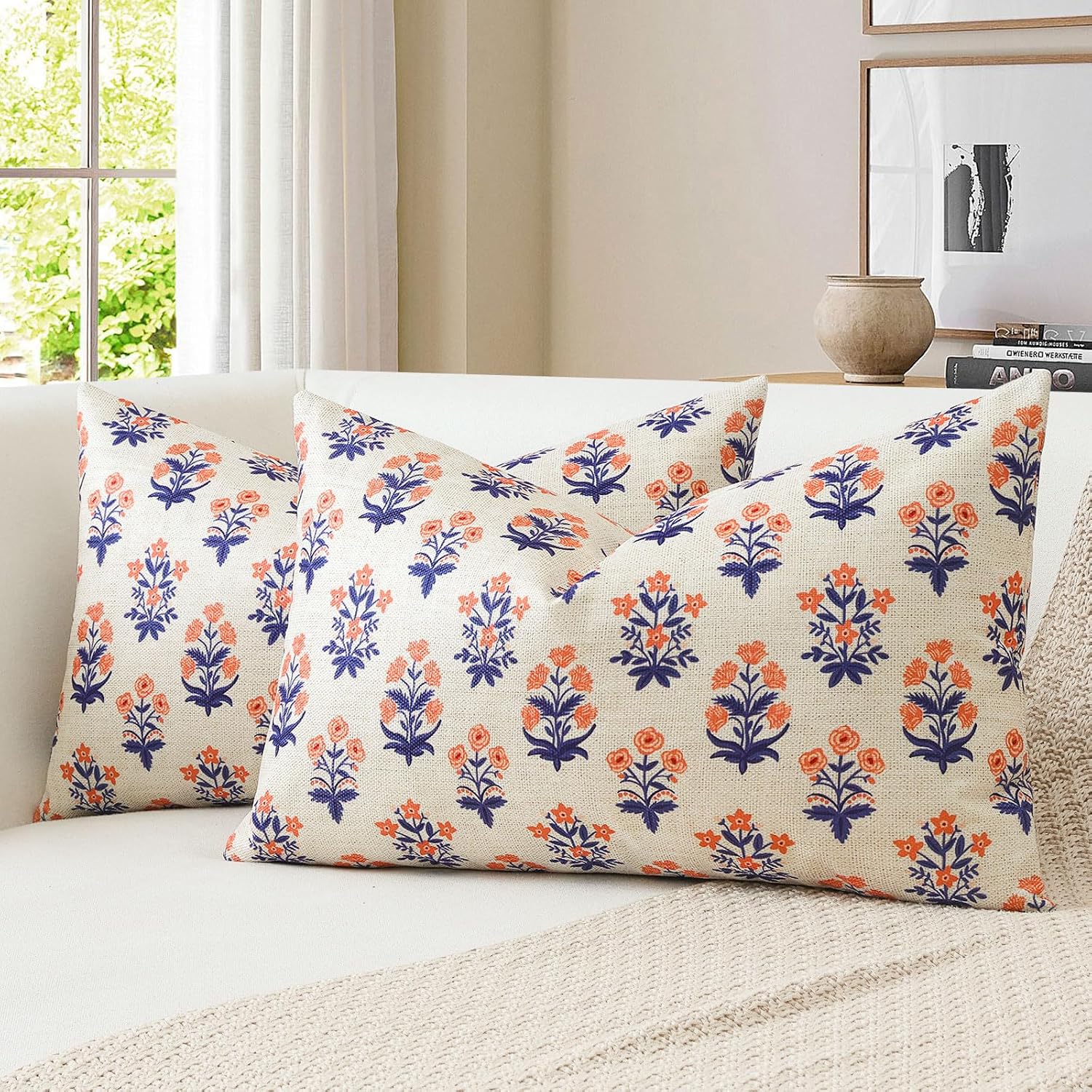 OTOSTAR Floral Print Pillow Covers 16x24 Inch Pack of 2 Double-Sided Navy Blue Orange Flower Lumbar Throw Pillow Covers Farmhouse Rustic…