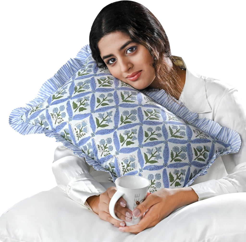 Ridhi Block Print Light Steel Blue 20"x12" Set 1-100% Cotton Ruffle Lumbar Sham Cover Boho Floral Pillowcase, Farmhouse Cottagecore…