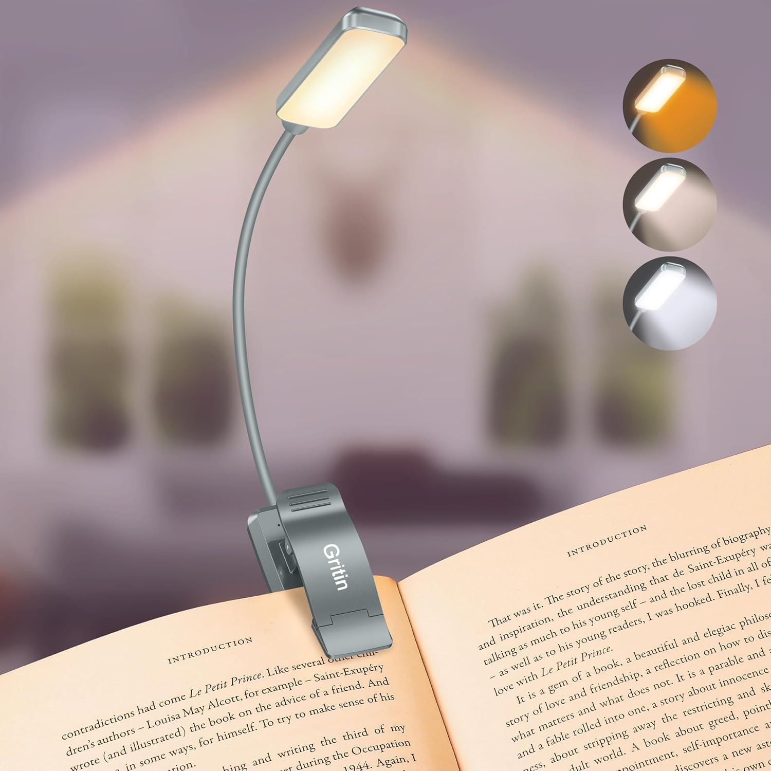 Gritin 9 LED Rechargeable Book Light for Reading in Bed - Eye Caring 3 Color Temperatures, Stepless Dimming Brightness,80 Hrs Runtime…