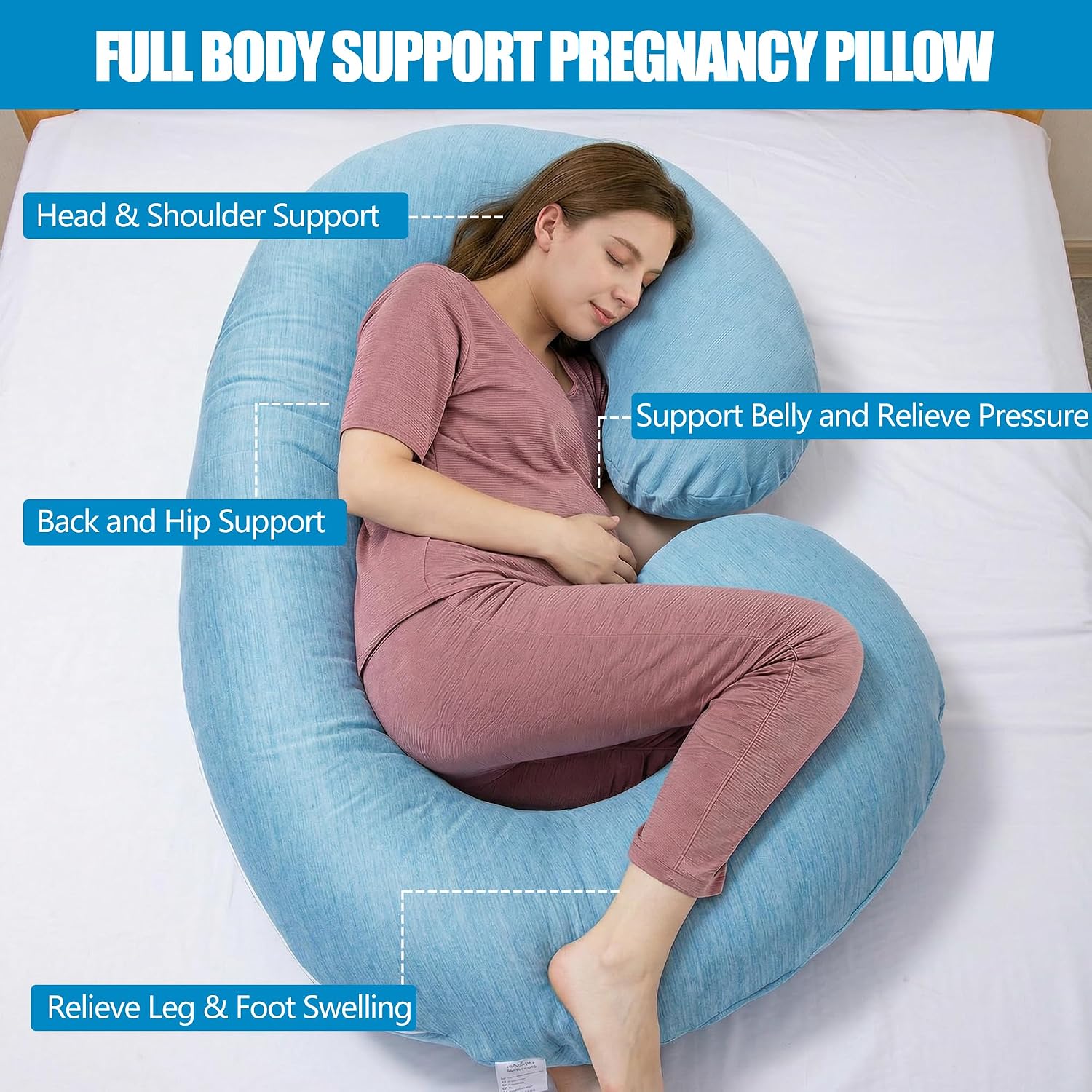 1 MIDDLE ONE Pregnancy Pillow, C Shaped Full Body Pillow for Maternity Support, Pregnant Women Sleeping Pillow with Cover (Cooling Blue)