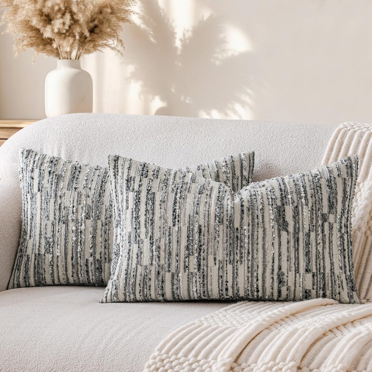 amoment a moment Boho Throw Pillow Covers Set of 2, Striped Decorative Rustic Farmhouse Pillow Cases, Aesthetic Modern Home Decor Couch Cushi…
