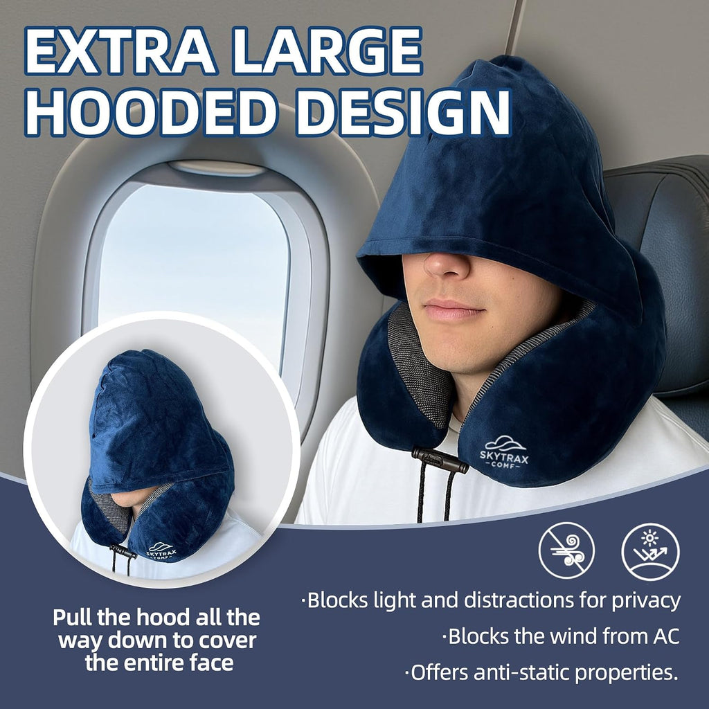 Travel Pillow with Extra Large Hood for Airplane Long Flights Privacy and Comfort Memory Foam with Velvet Cover for Road Trip Head&Neck…