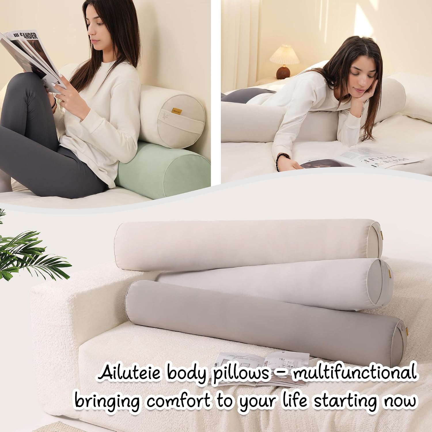 Body Pillow for Adults, Long Round Pillow, Big Cylindrical Pillow, Large Full Bolster Pillows for Side Sleepers (Misty White, 39.37"*7.87")