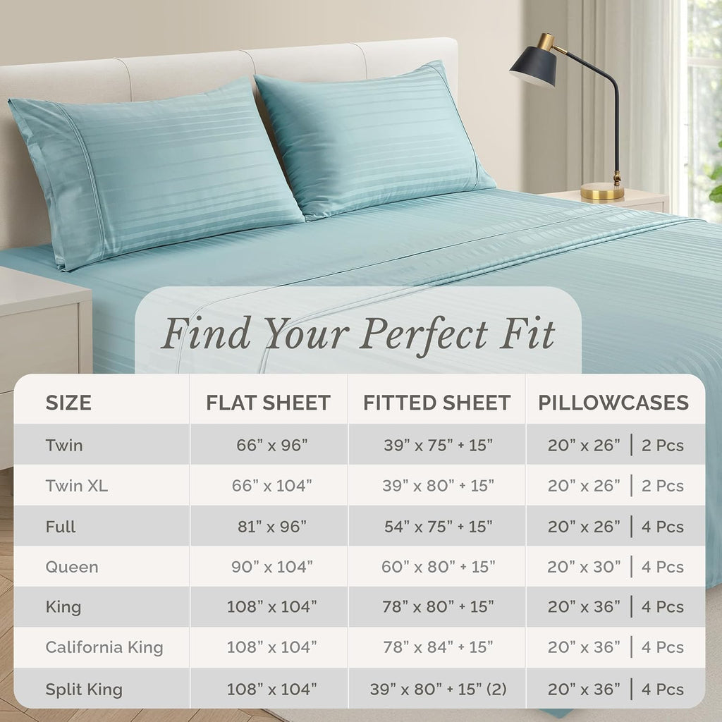 Casa Platino 100% Cotton Sheets King Size Set - 6 Pcs (1 Flat, 1 Fitted, 4 Pillowcases) - Striped 500 TC - Ultra Smooth Sateen Weave Bed…