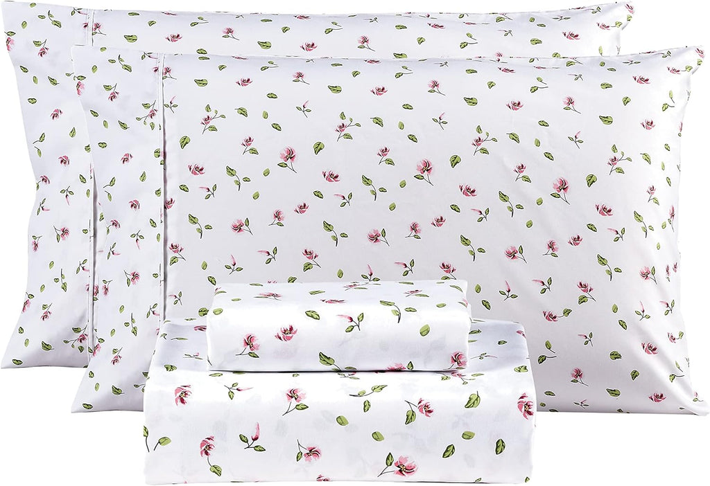 mooreeke Queen Sheets Set - 4 Pieces Soft Breathable Microfiber Bed Sheet Set - Pink Flower Green Leaf Pattern Sheet Set - Deep Pocket Non-…