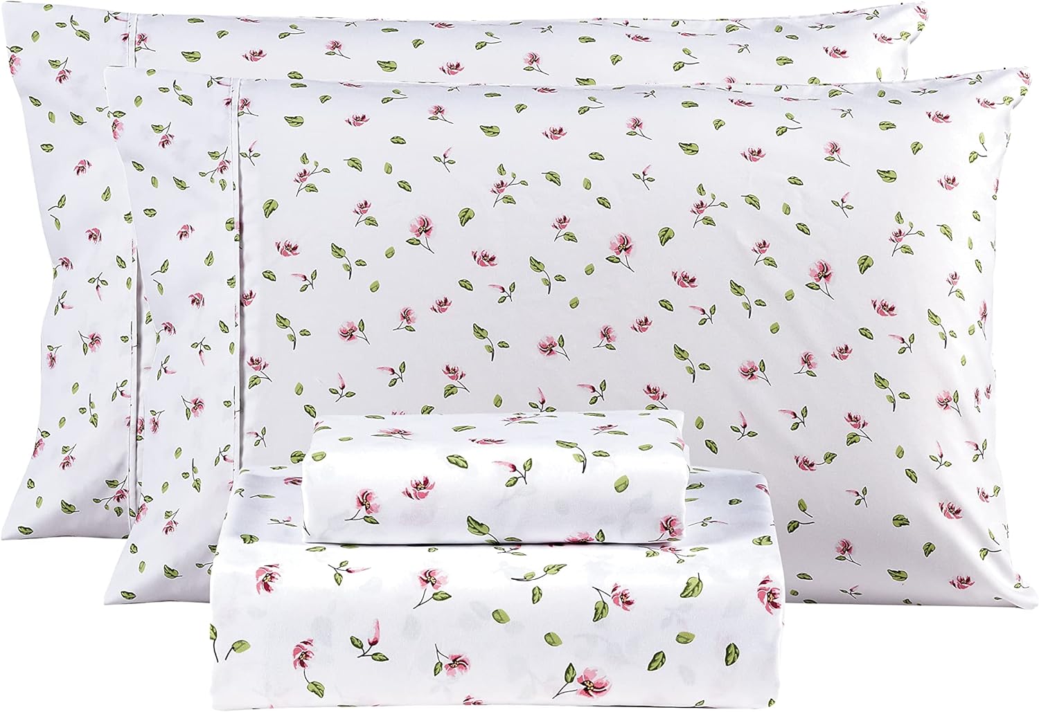 mooreeke Queen Sheets Set - 4 Pieces Soft Breathable Microfiber Bed Sheet Set - Pink Flower Green Leaf Pattern Sheet Set - Deep Pocket Non-…
