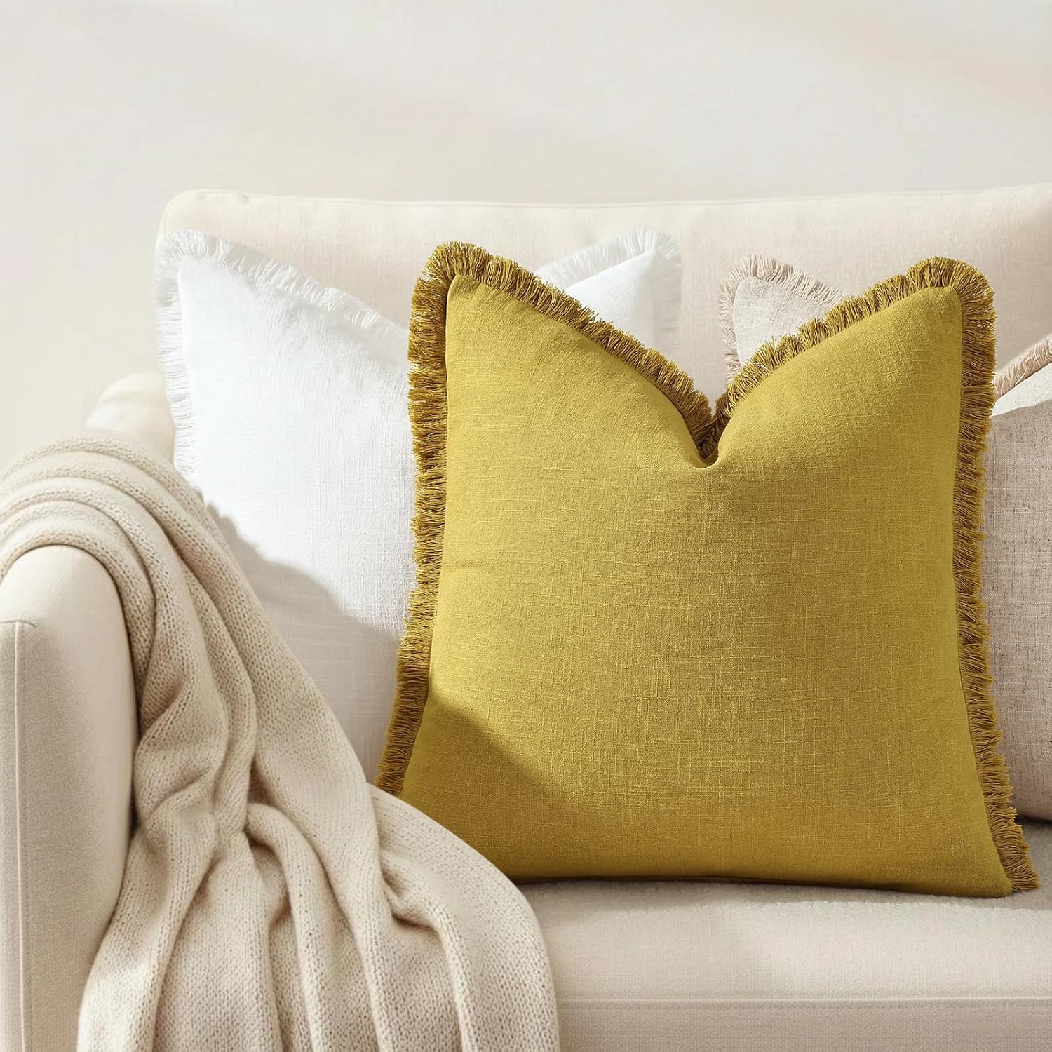 decorUhome Summer Decorative Neutral Linen Fringe Euro Sham Throw Pillow Covers Set of 2 Mustard Yellow Pillow Covers with Tassels Soft Far…