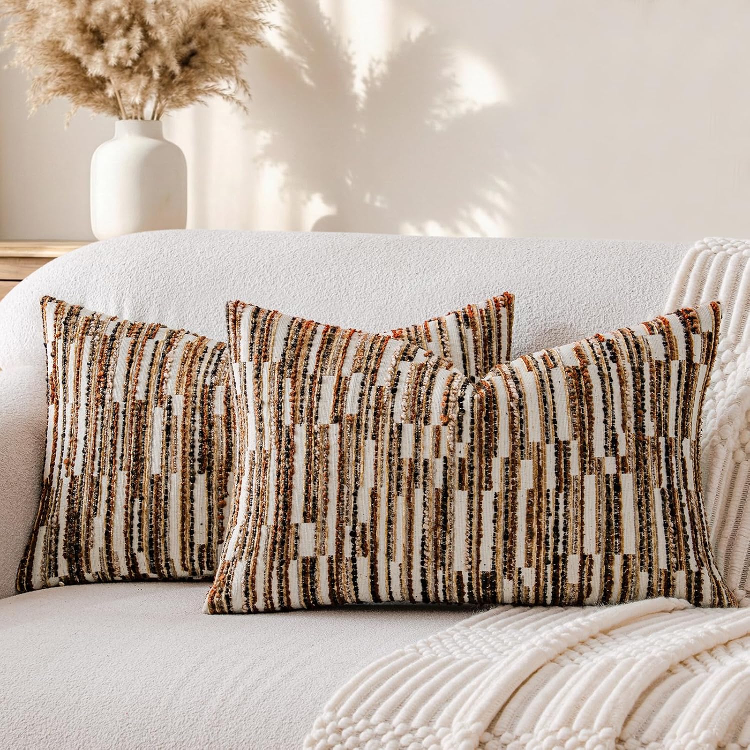 amoment a moment Boho Throw Pillow Covers Set of 2, Striped Decorative Rustic Farmhouse Pillow Cases, Aesthetic Modern Home Decor Couch Cushi…