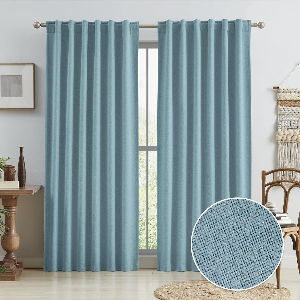 Keqiaosuocai Slate Stone Blue Linen Blackout Curtains 90 Inch Long 2 Panels, Back Tab Rod Pocket Hook Belt Thermal Insulated & Energy Effic…