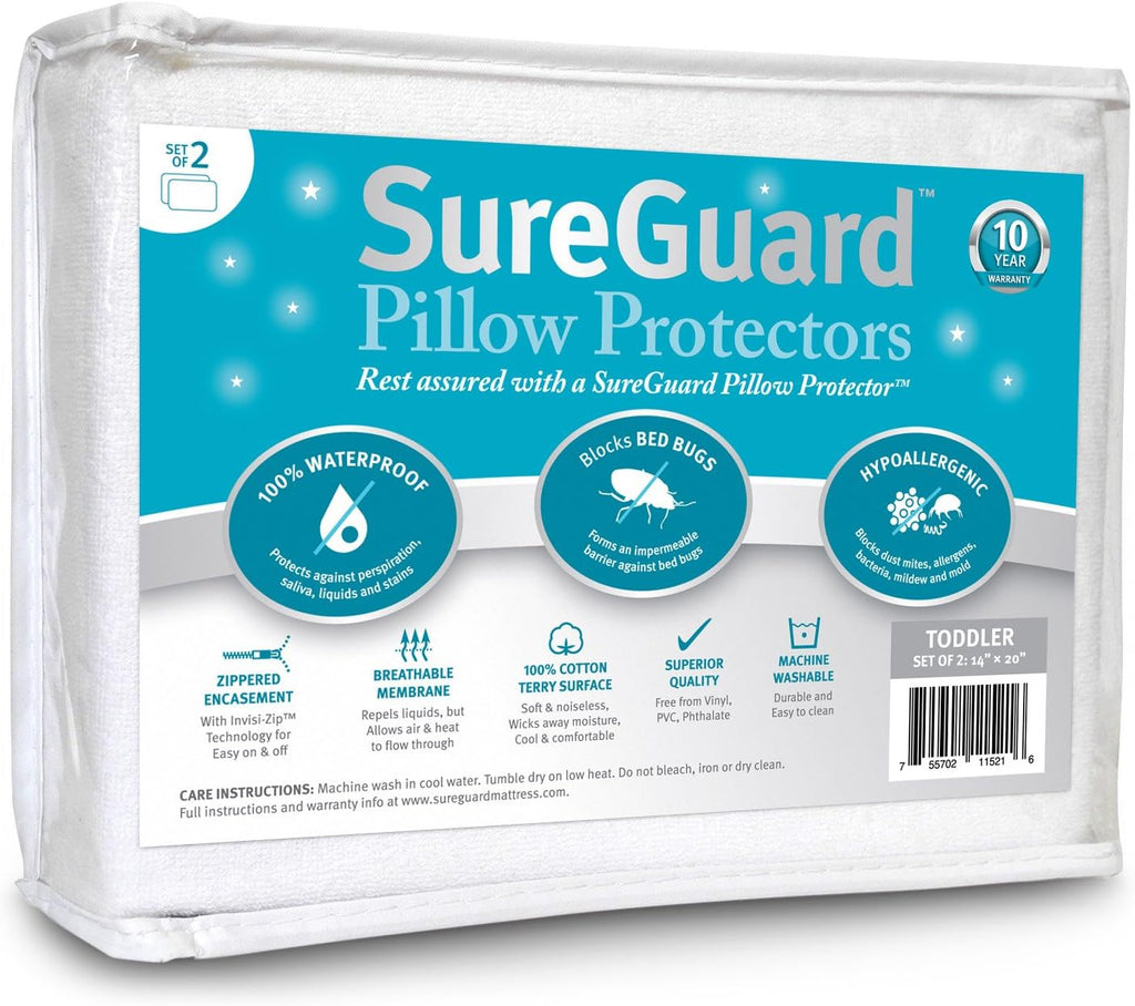SureGuardMattressProtectors Set of 2 Travel Size SureGuard Pillow Protectors - 100% Waterproof, Bed Bug Proof, Hypoallergenic - Zippered Co…