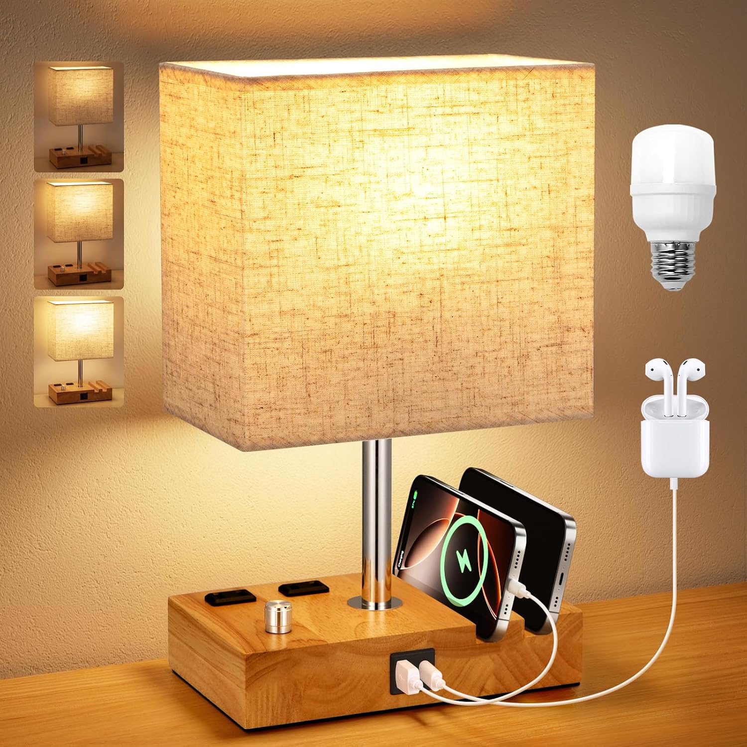 Kakanuo Fully Dimmable Nightstand Lamp for Bedroom with USB C Ports, Small Bedside Table Lamp with Charging Outlets and Phone Stands…