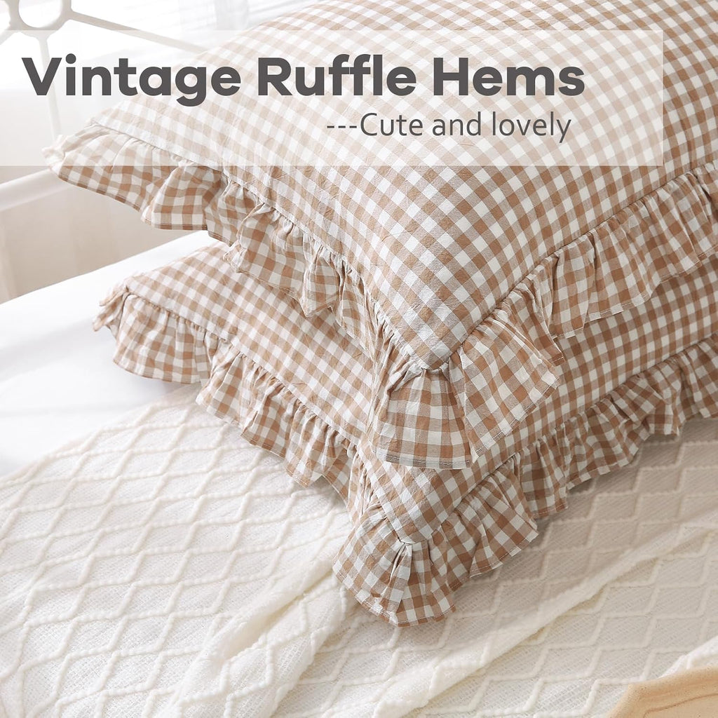 2 Pack Taupe White Plaid Ruffle Gingham King Size Pillow Shams, 100% Yarn-Dyed Washed Cotton Farmhouse Pillow Covers for Bed/Sofa…