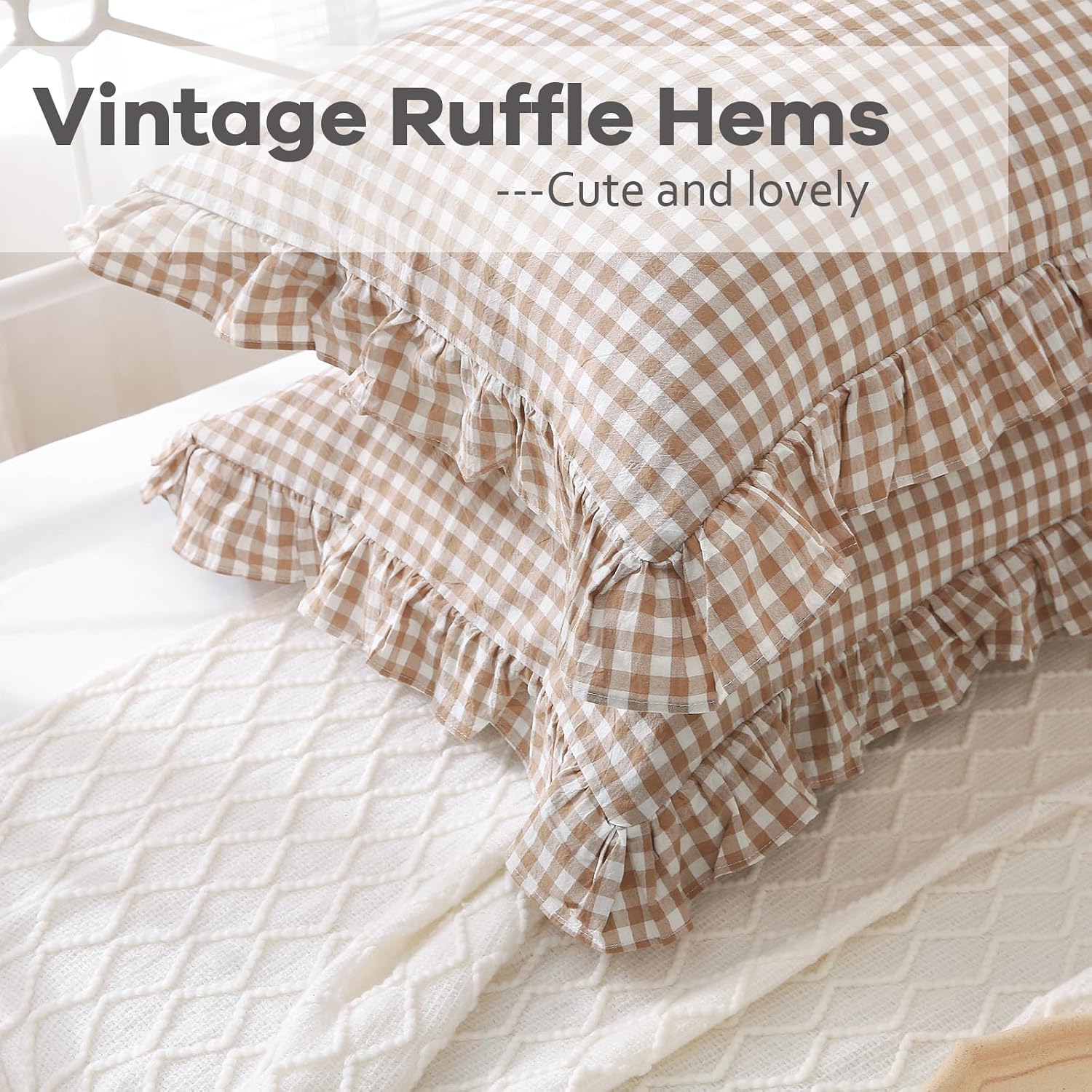 2 Pack Taupe White Plaid Ruffle Gingham King Size Pillow Shams, 100% Yarn-Dyed Washed Cotton Farmhouse Pillow Covers for Bed/Sofa…