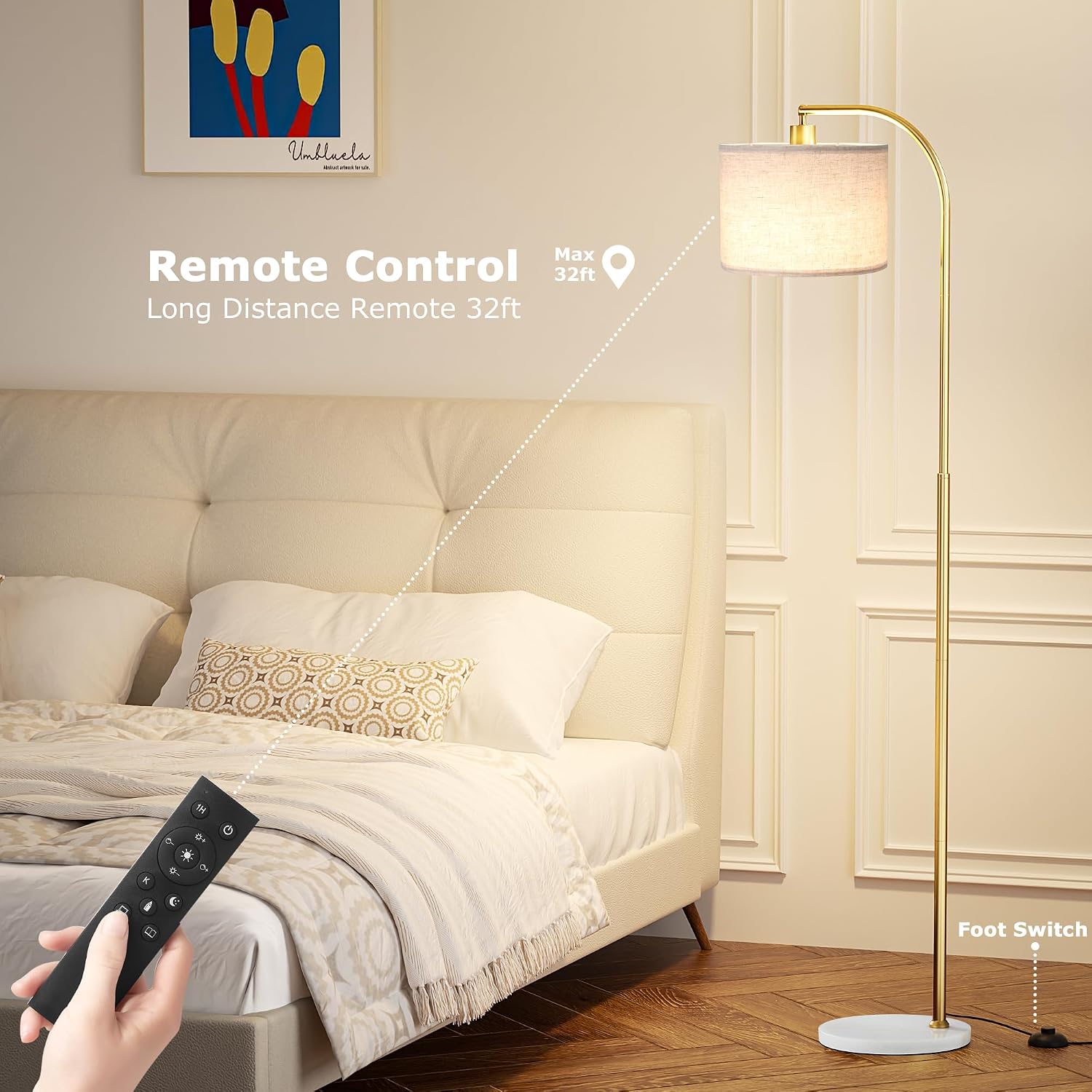 Ambimall Arc Floor Lamp with Remote and Stepless Dimmable Bulb, Colors Temperature & Brightness Adjustable, Gold Pole & Marble Base Gold