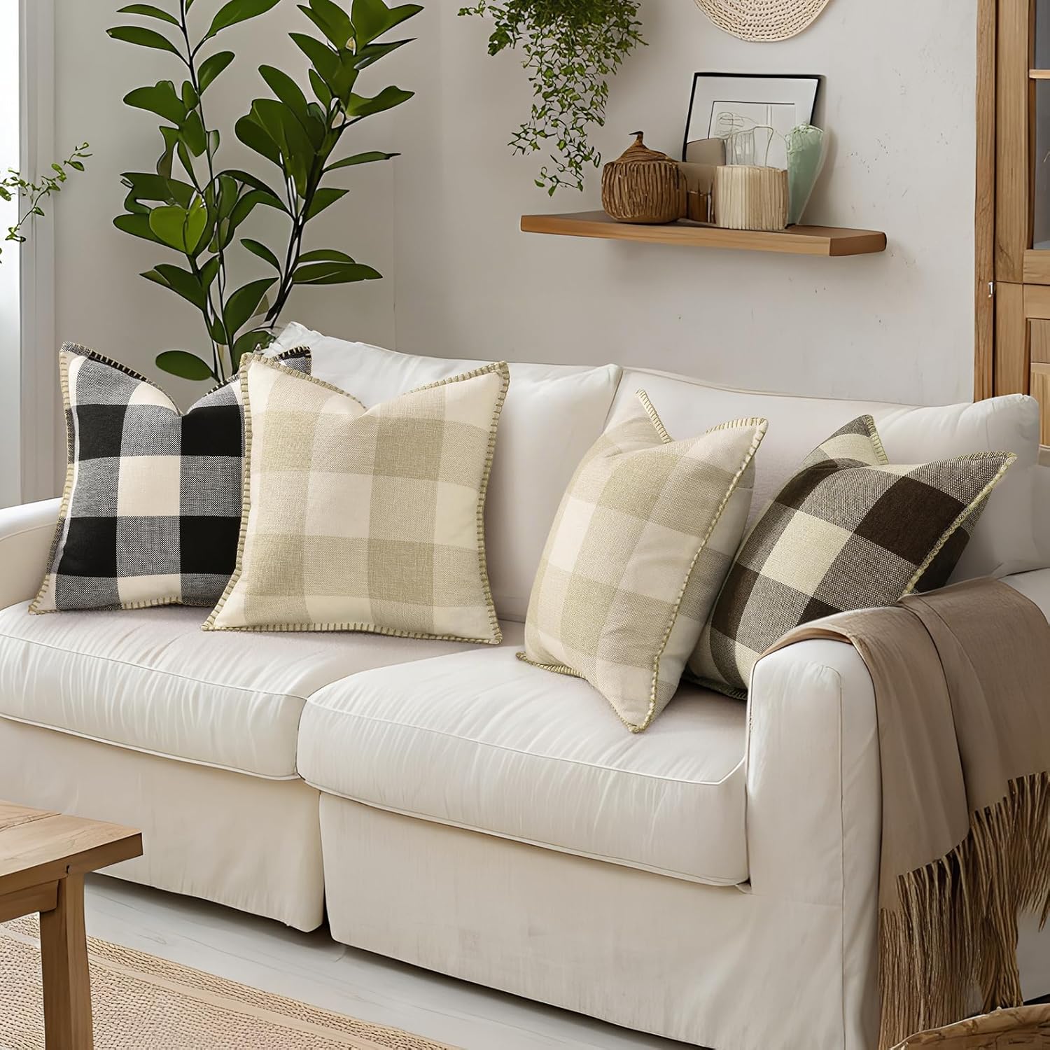 decorUhome Summer Buffalo Plaid Check Throw Pillow Covers 24x24 Set of 2 Outdoor Linen Decorative Farmhouse Gingham Euro Sham Pillow Covers…