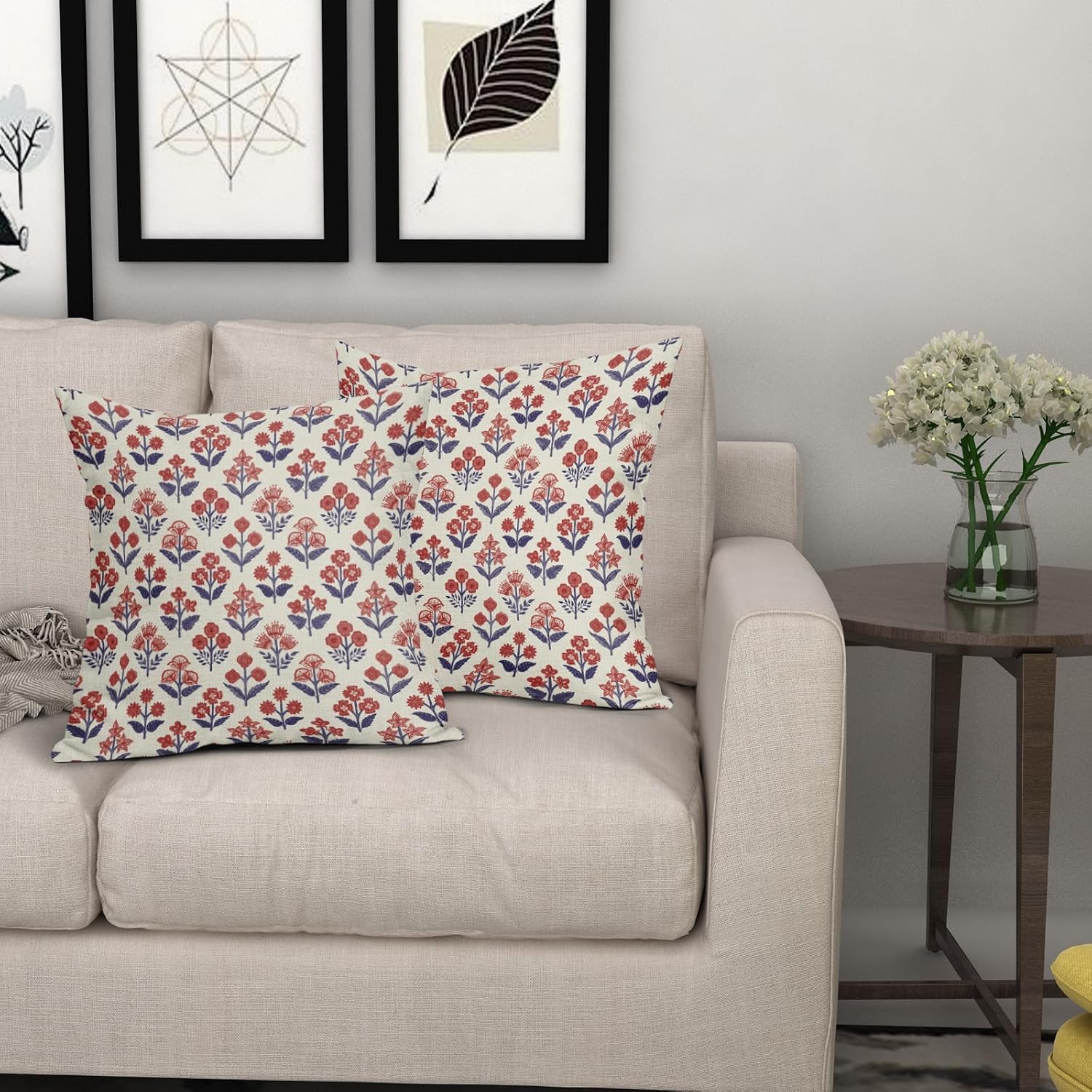4th of July Patriotic Floral Block Print Pillow Covers 22x22 Inch Set of 2, Navy Blue Red Vintage Flower Decorative Throw Pillowcases…