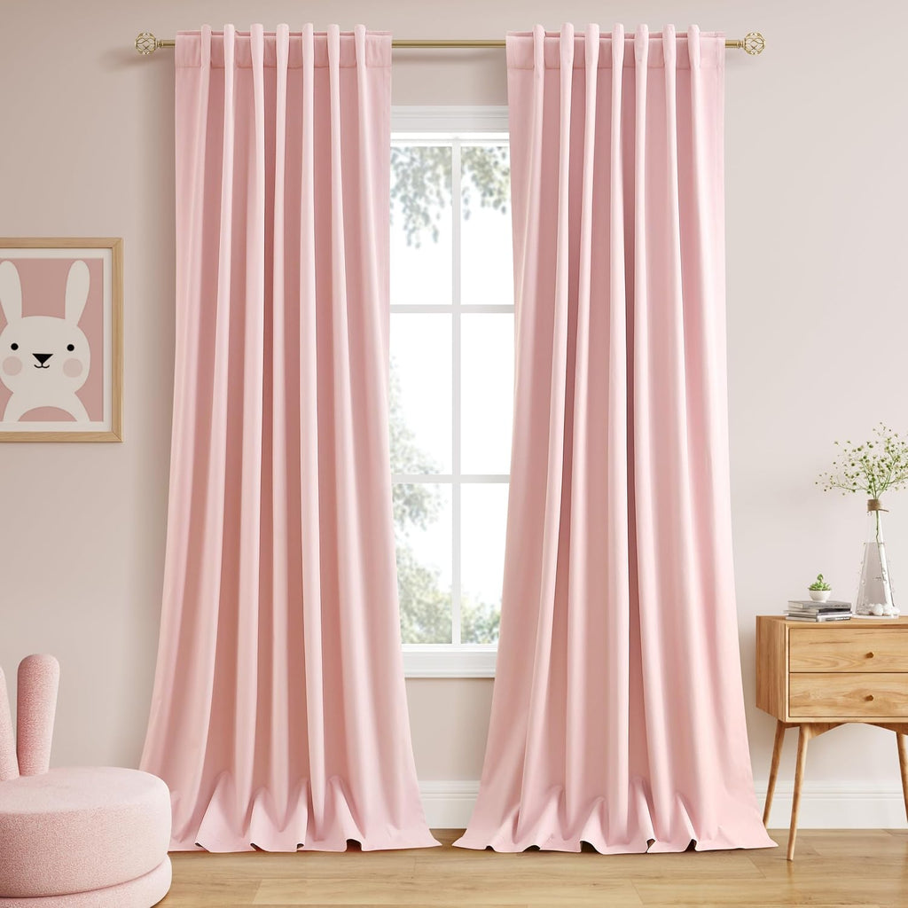 Nanspring Pink 100% Blackout Linen Curtains 96 Inches Long for Bedroom Back Tab Thermal Insulated Modern Farmhouse Decor Black Out Girl Cur…
