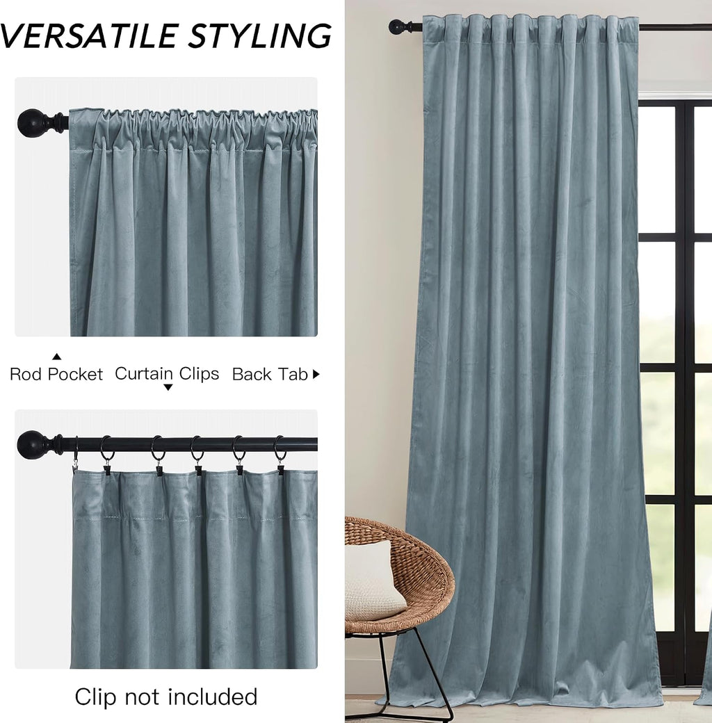 Rybhome RYB HOME Stone Blue Velvet Curtains 90 inches Long - Blackout Curtains for Nursery Thermal Insulated Noise Reducing Soft Luxury Win…