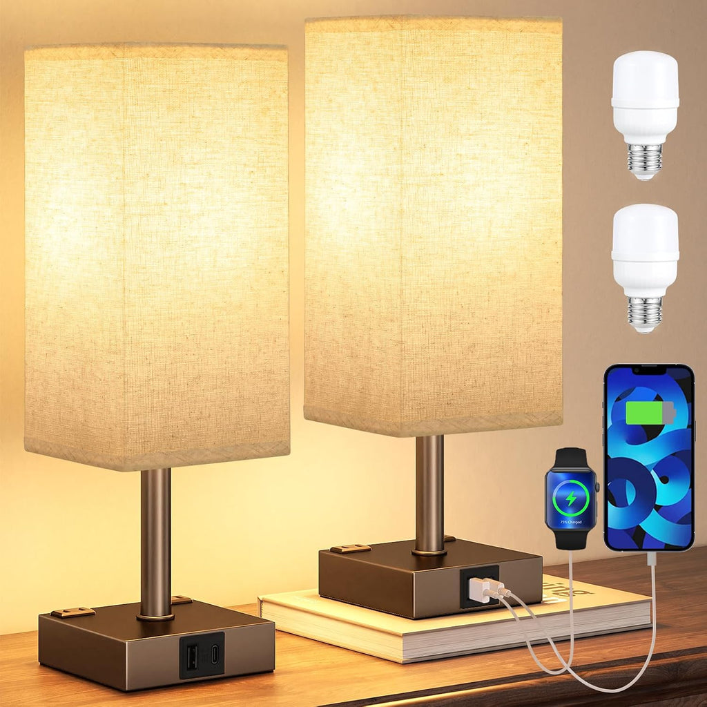 aooshine Brown Base Touch Lamps Set of 2 - Nightstand Lamp with USB-C + A Charge Ports & AC Outlets, 3-Way Dimmable Bedside Lamp, Small…