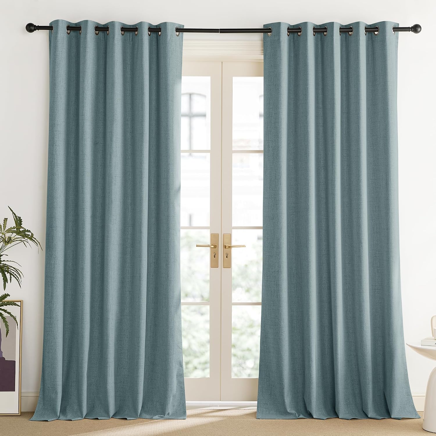 NICETOWN 100% Absolutely Blackout Linen Curtains with Thermal Insulated Liner, Skylark Blue, 62" Wide, 102" Length Energy Saving Curtains…