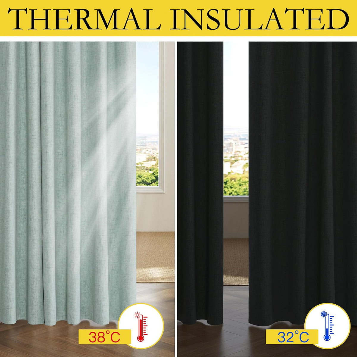 NICETOWN 100% Absolutely Blackout Linen Curtains with Thermal Insulated Liner, Seafoam Green, 62" Wide, 95" Length Energy Saving Curtains…