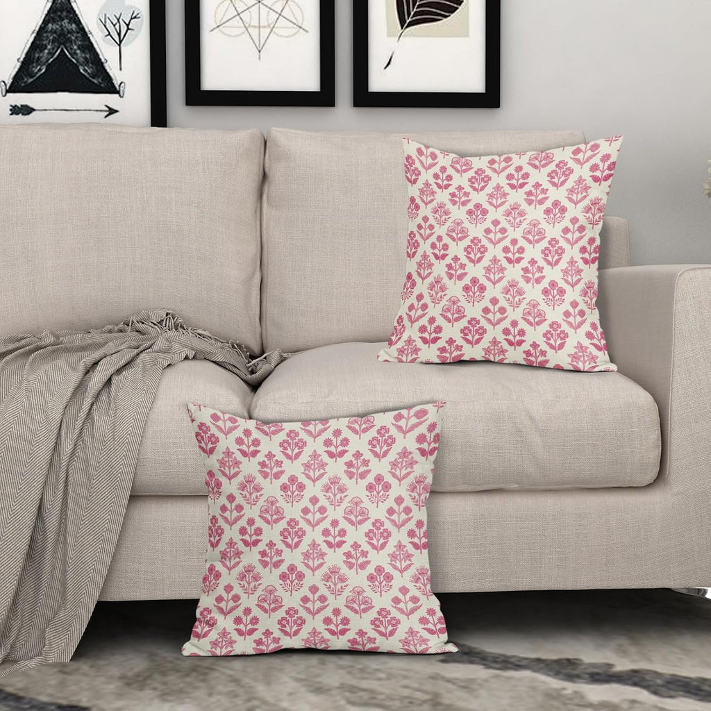 Hot Pink Floral Pillow Covers 18x18 Inch Set of 2, Vintage Flower Block Print Pattern Decorative Throw Pillowcases Outdoor Farmhouse…