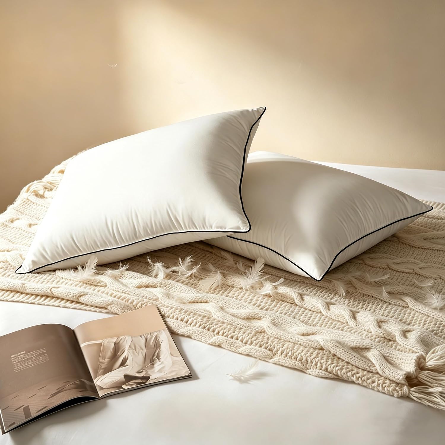 Bed Pillow, Luxury Hotel Feather and Down Pillow for Side and Back Sleepers with Premium Cotton Shell, Gusseted Pillows for Sleeping…
