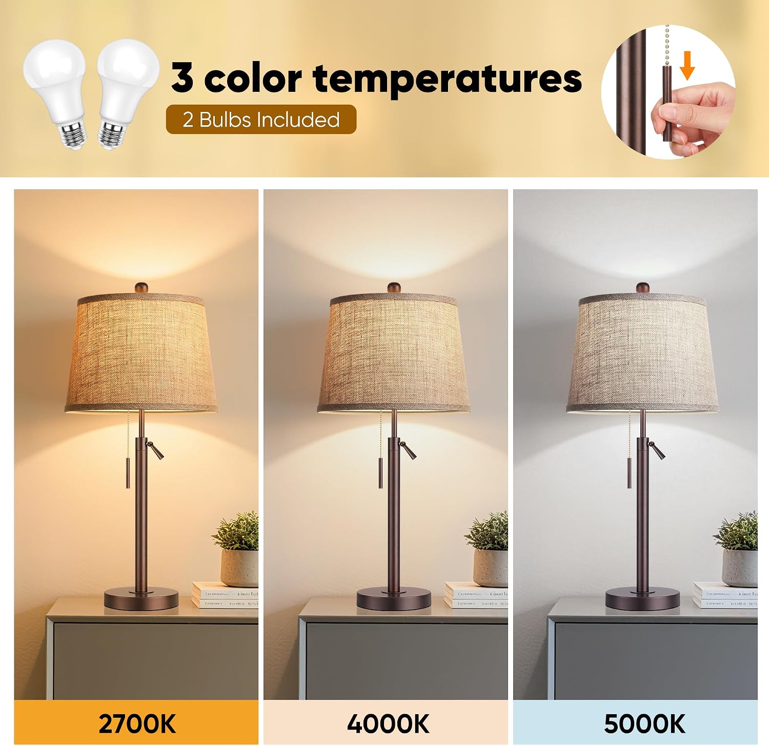 PARTPHONER Bedside Lamps Set of 2, Tall Table Lamps for Living Room, Height Adjustable Nightstand Lamps for Bedroom, Modern End Table…