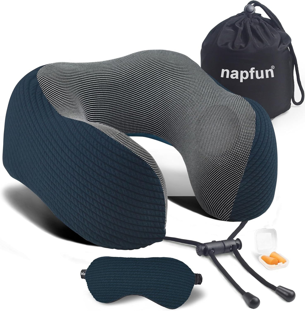 napfun Neck Pillow for Travel with Travel Pouch, Sleep Mask & Earplugs, Memory Foam Airplane Pillow for Headrest Sleep with Eyeshades…
