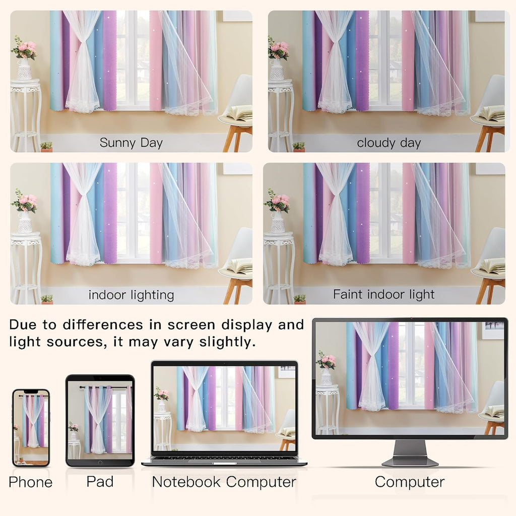 Addsomecolortolife XiDi Girls Curtains for Bedroom, Purple Rainbow Blackout Curtains fo Kids Room Decor, Princess Unicorn Wall Decals Pink…