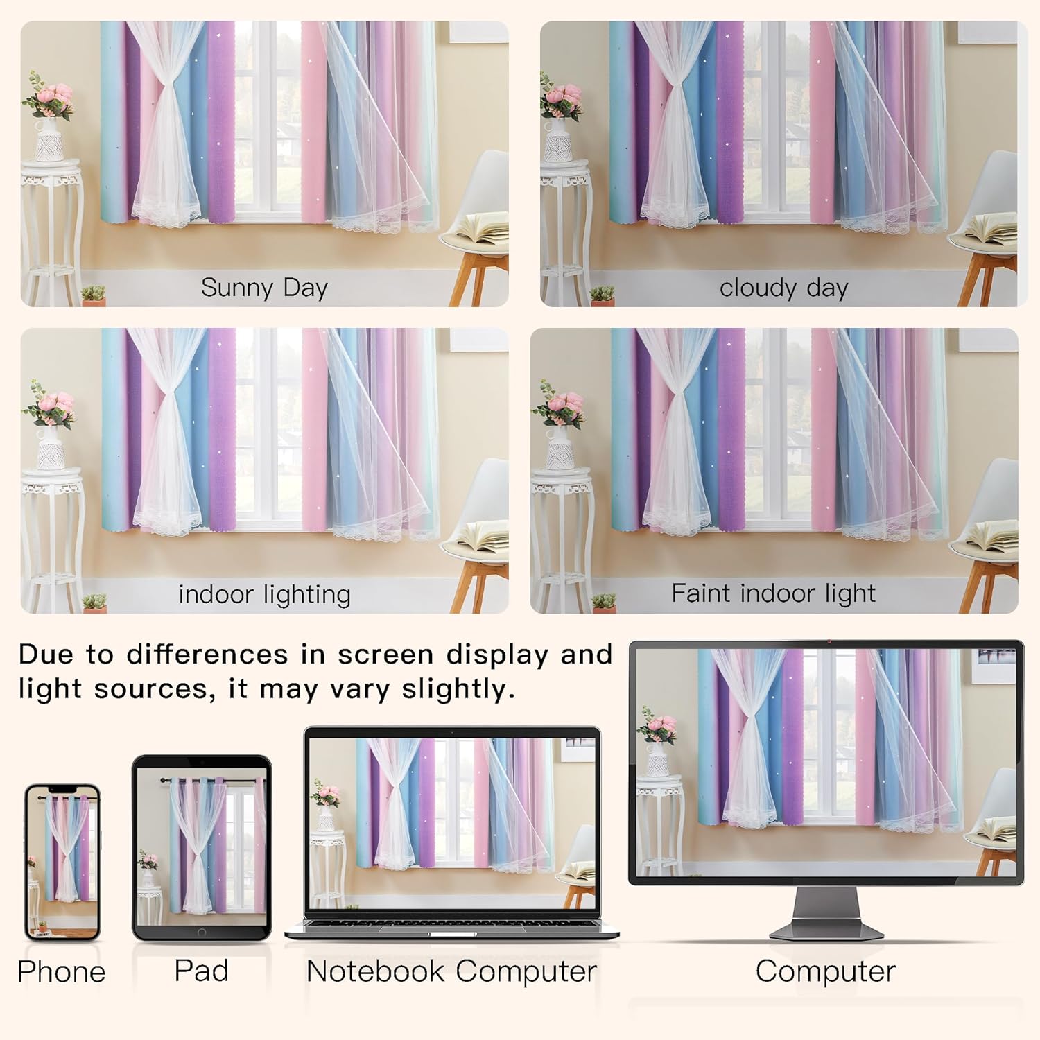 Addsomecolortolife XiDi Girls Curtains for Bedroom, Purple Rainbow Blackout Curtains fo Kids Room Decor, Princess Unicorn Wall Decals Pink…