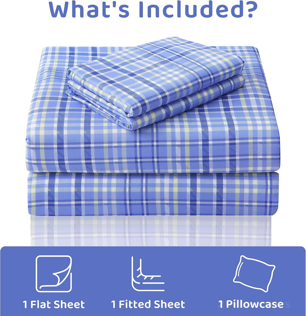 mooreeke Cozy Plaid Microfiber Printed Twin Sheet Set - Soft & Breathable Purple Yellow Plaid Bed Sheets with Extra Deep Pocket - Non-Slip…