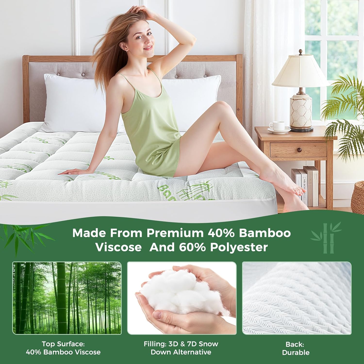 HYLEORY-YourBeddingExpert HYLEORY Mattress Topper - Thick Bamboo-Viscose Naturally Cooling Pillow Top Mattress Pad Breathable Fluffy Soft M…
