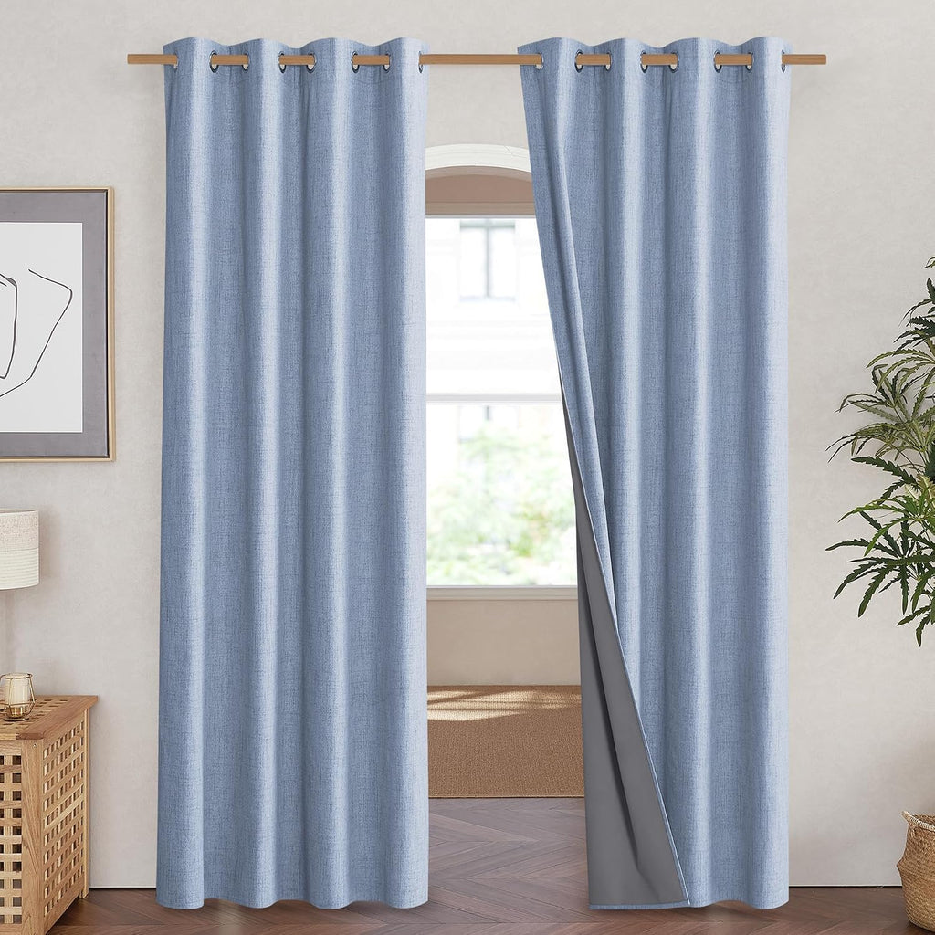 NICETOWN Stone Blue Vintage Linen 100% Blackout Curtains for Living Room, Thermal Insulated Curtains 90" Long, Noise Reducing Window…