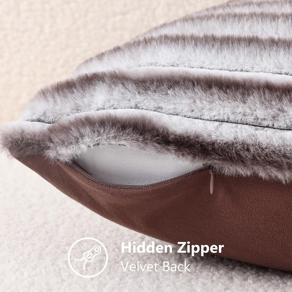 decorUhome Cozy Faux Fur Throw Pillow Covers 16x16 Set of 2 Decorative Soft Plush Striped Modern Farmhouse Boho Couch Pillow Cases with Vel…