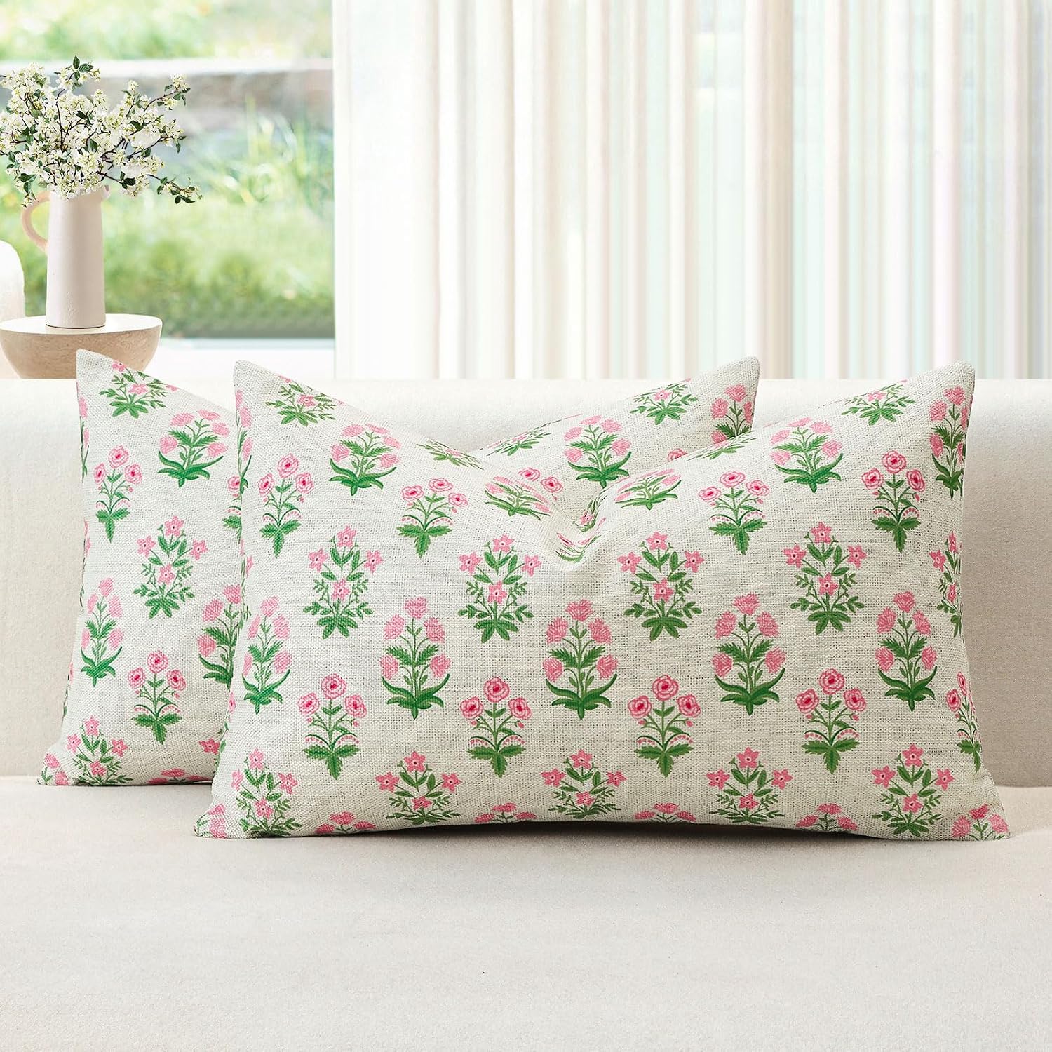 OTOSTAR Floral Print Pillow Covers 12x20 Inch Pack of 2 Double-Sided Pink Green Flower Lumbar Throw Pillow Covers Farmhouse Rustic…