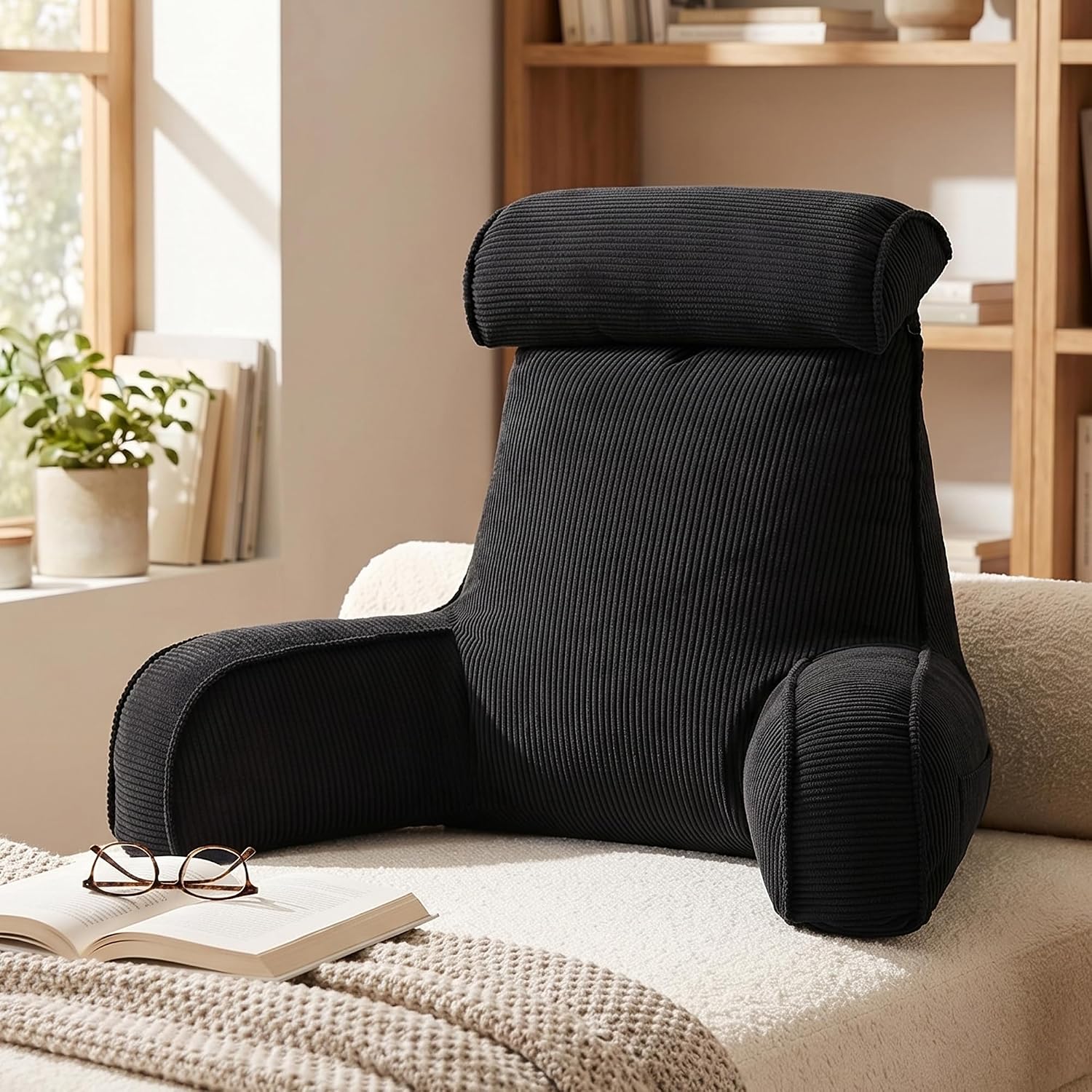 Ailuteie Corduroy Reading Pillow for Sitting Up in Bed, Bed Rest Backrest Pillow with Arms, Low Back Support Cushion with Side Pockets & Wa…