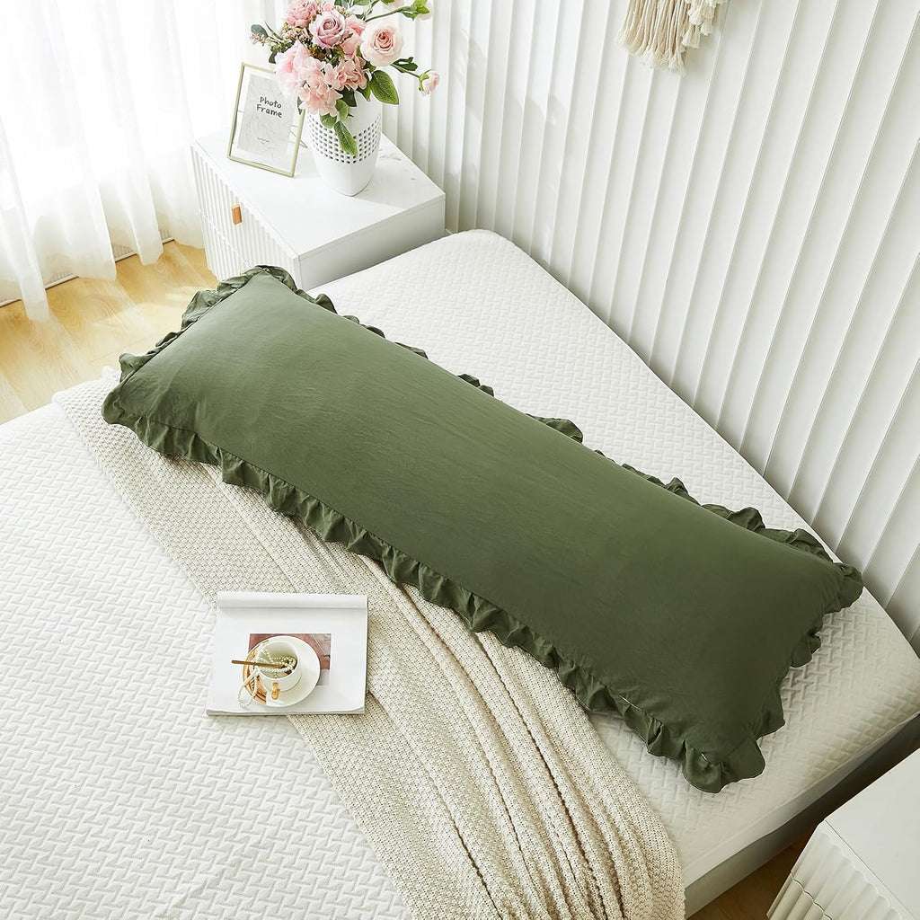 Merryword Shabby Chic Olive Green Body Pillow Cover - 20x54in Long Pillowcase with Ruffled Fringe Decor Green