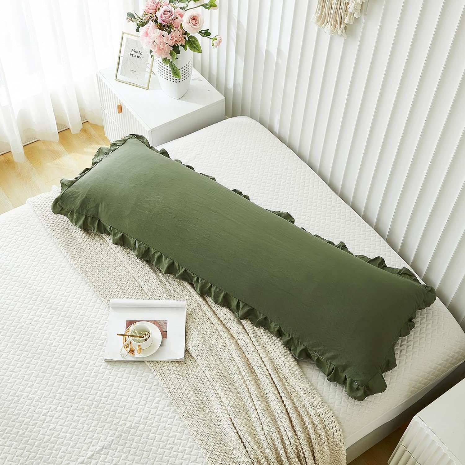Merryword Shabby Chic Olive Green Body Pillow Cover - 20x54in Long Pillowcase with Ruffled Fringe Decor Green