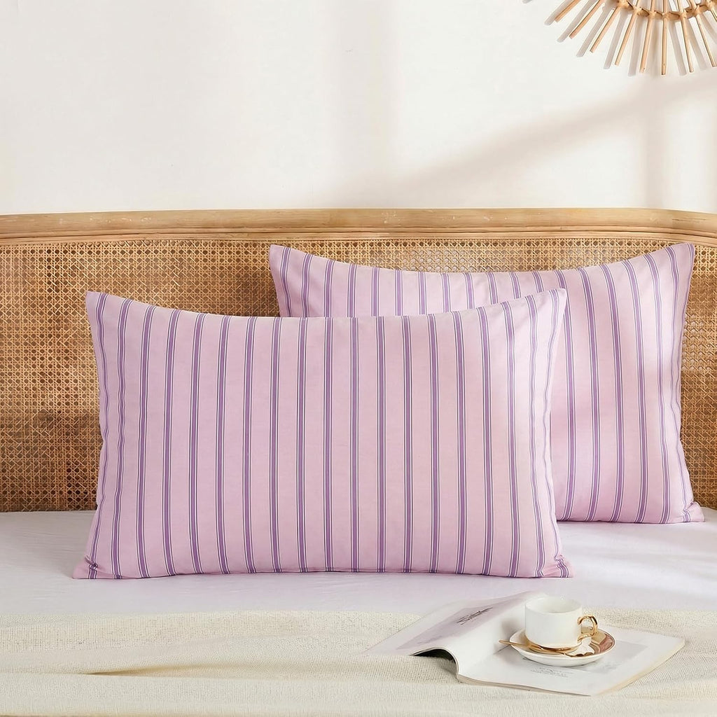 Merryword 100% Cotton Pillow Cases, King Size Pillowcases, Pink & Purple Striped Pillowcases, Luxury Linen Like Pillowcase, Soft Breathable…