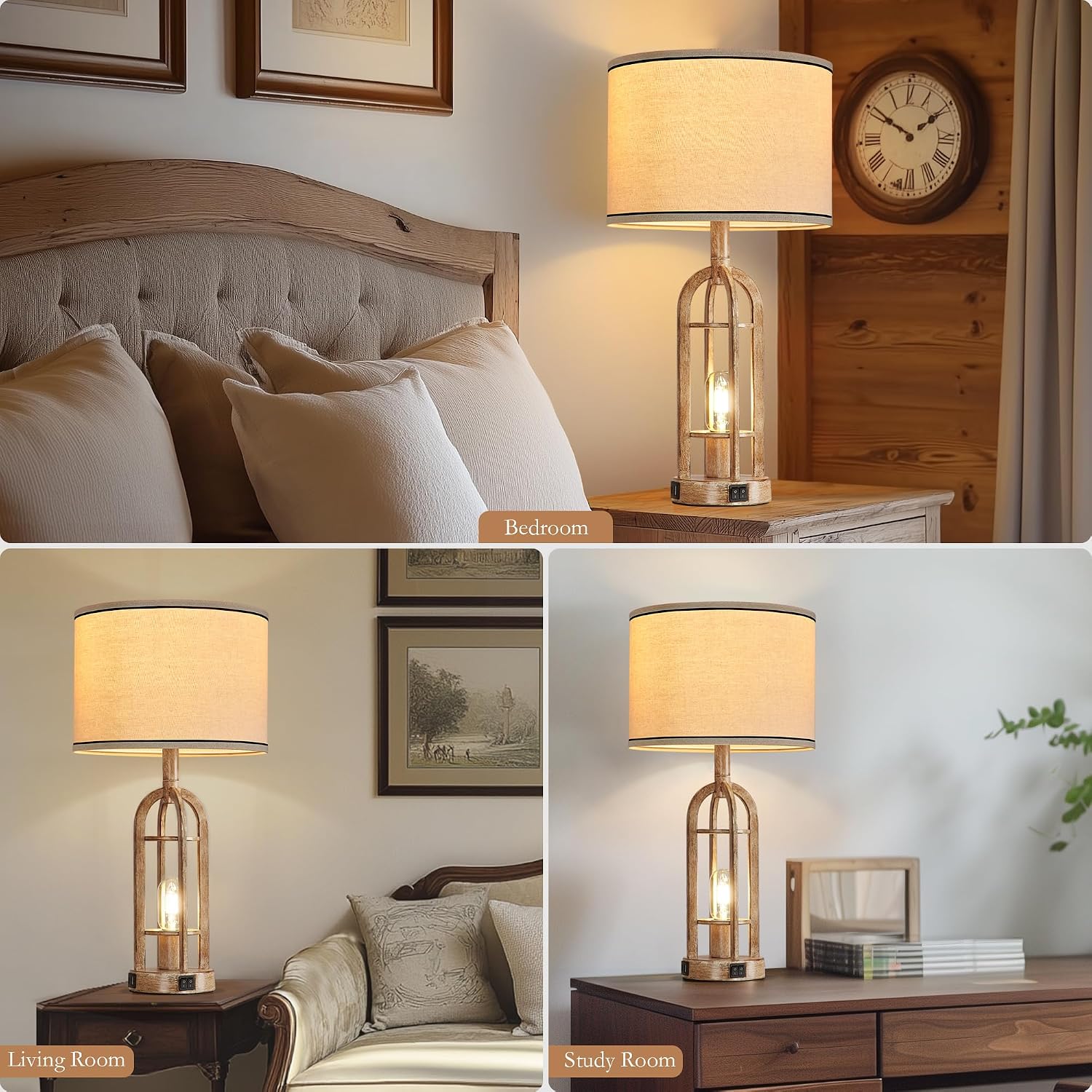SRJJA Farmhouse Table Lamps for Living Room End Table Set of 2 - Rustic Bedside Lamps for Bedroom Nightstand with Night Light & USB A+C…