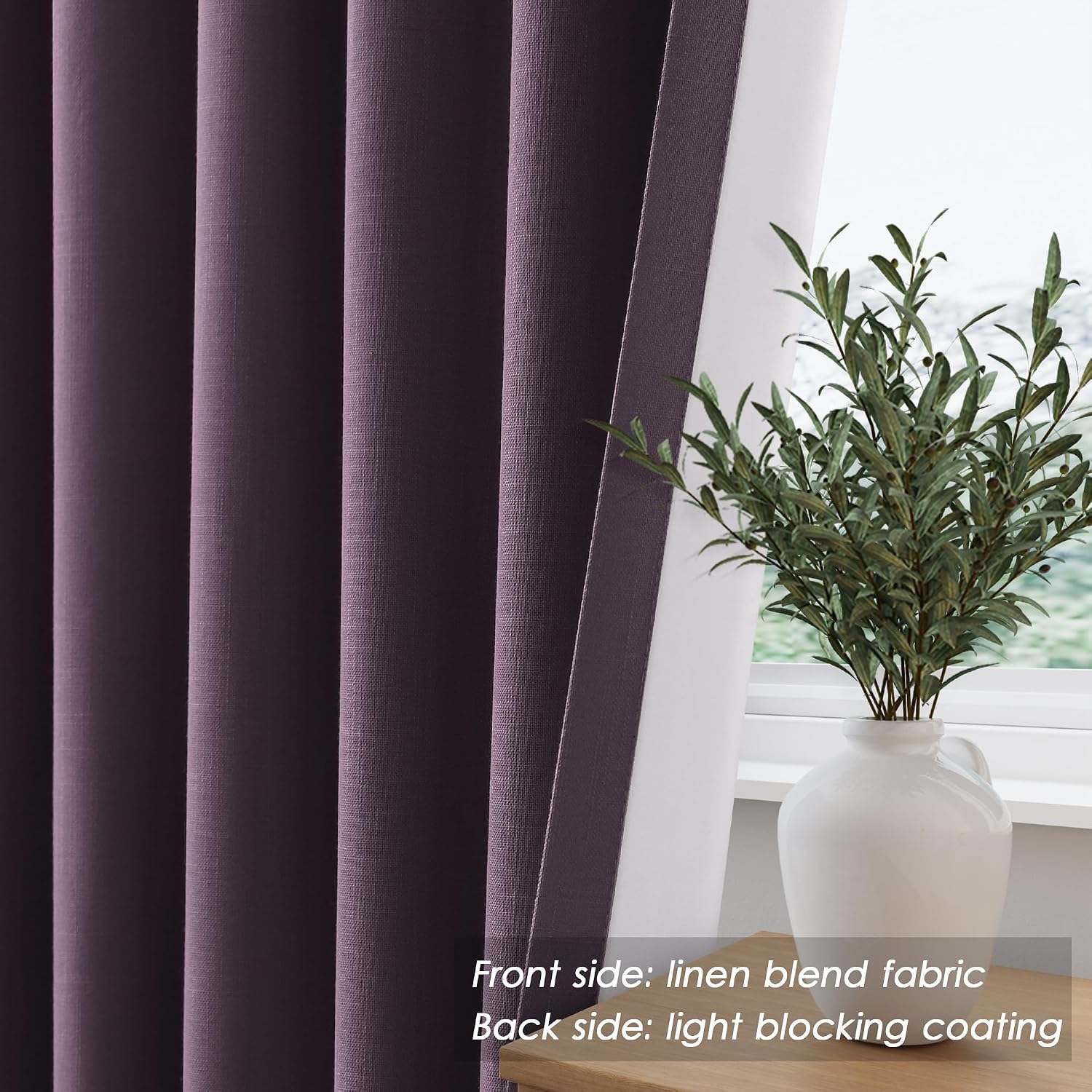 Nanspring Plum 100% Blackout Linen Curtains for Bedroom 102 Inches Long Back Tab Thermal Insulated Luxury Modern Boho Decor Black Out Curta…