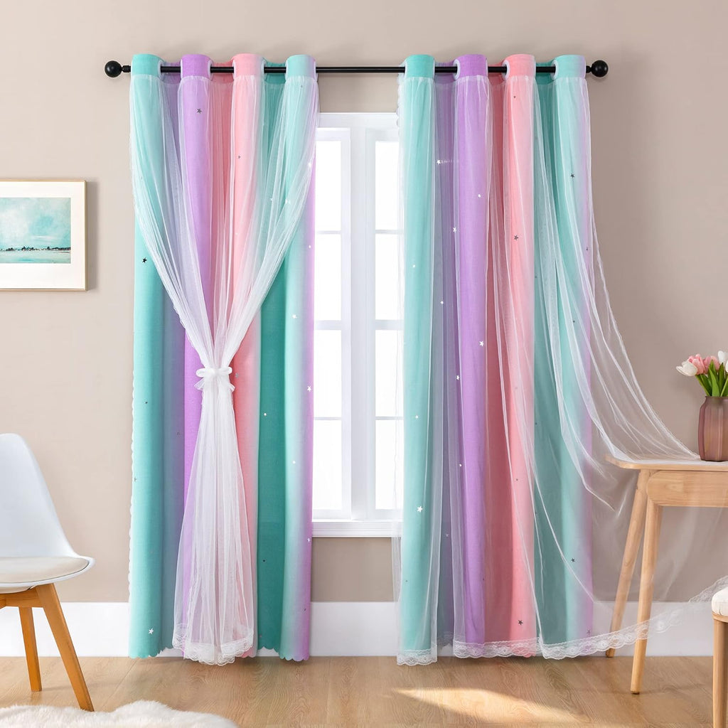 Addsomecolortolife XiDi Dream Star Blackout Curtains for Kids Rooms Girl Princess Curtain for Daughter Bedroom Window (Pink Purple Green, W…